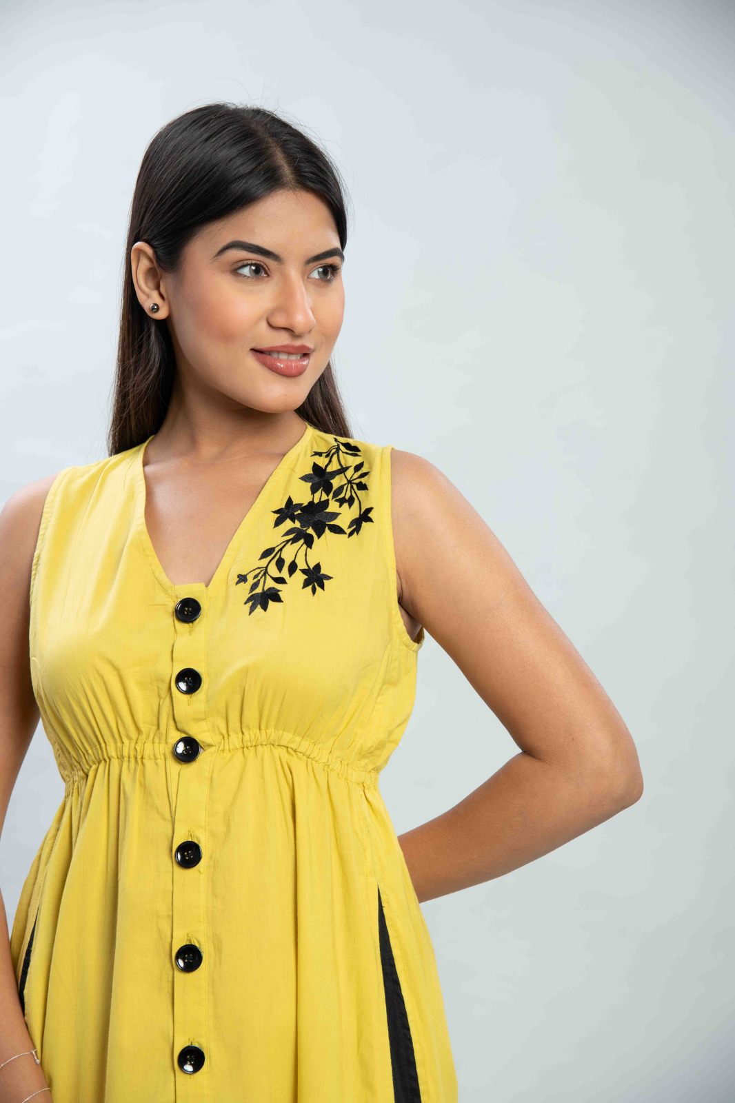 Yellow embroidered long flare dress