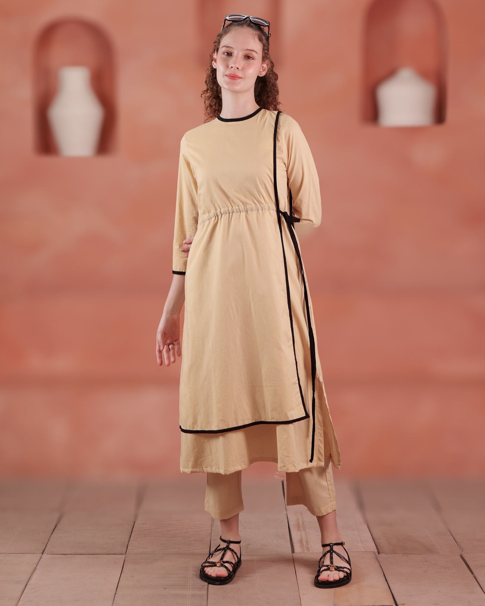 Contrast Piping Beige Set