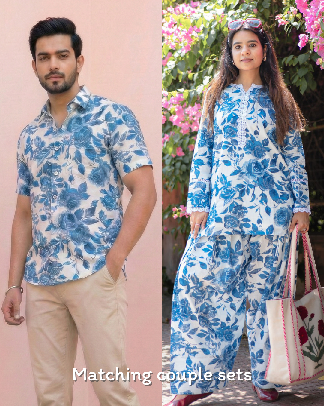 Blue Floral Matching Couple Set