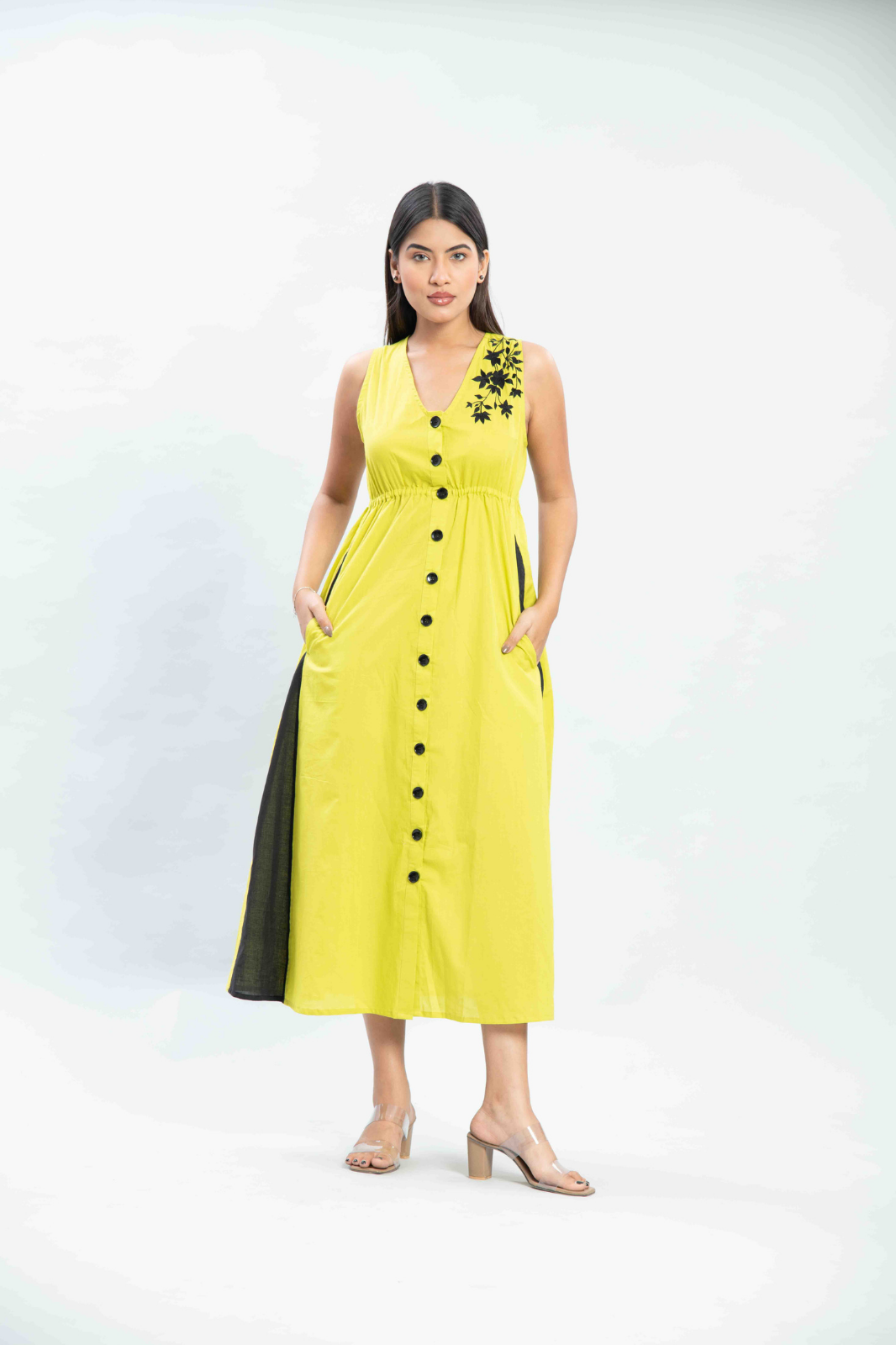 Lime embroidered long flare dress