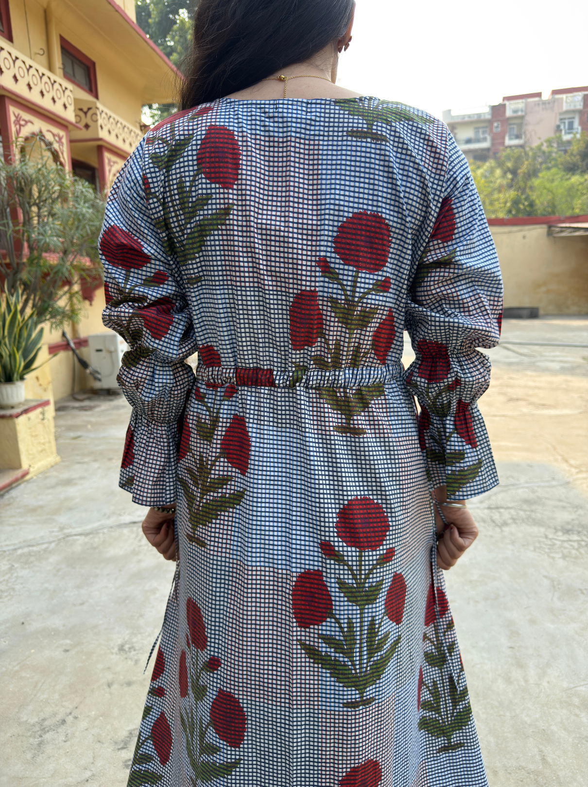 Floral checked dress with drawstring waist