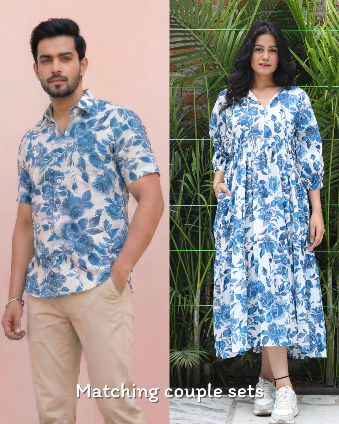 Blue Floral Tiered Matching Couple Set