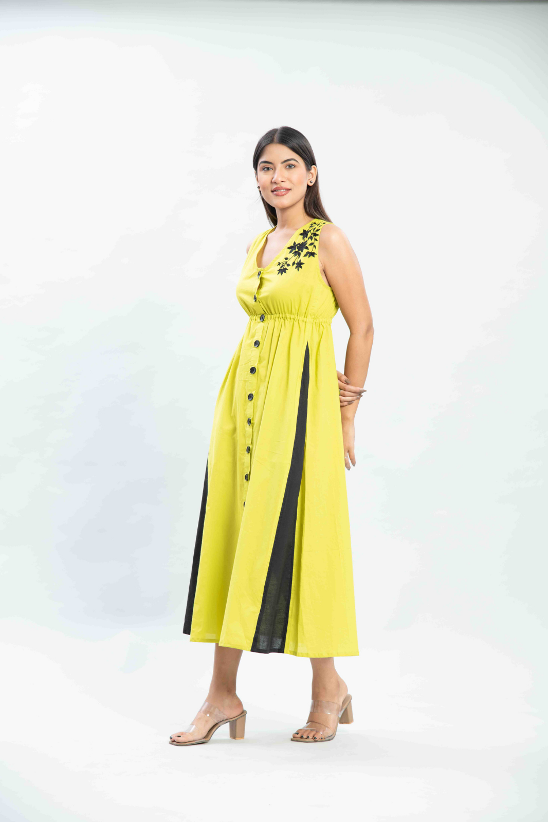 Lime embroidered long flare dress