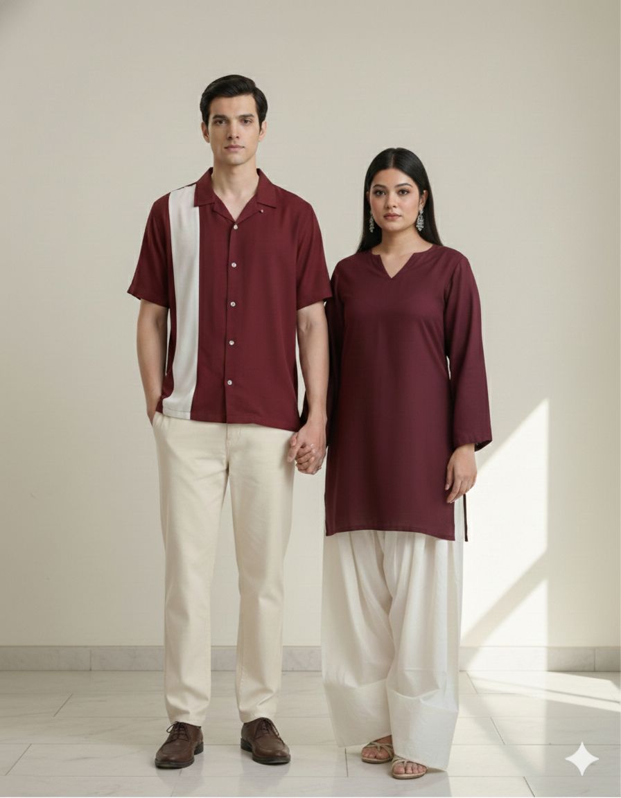 Burgundy Off White Contrast Farshi and Shirt Matching Couple Set