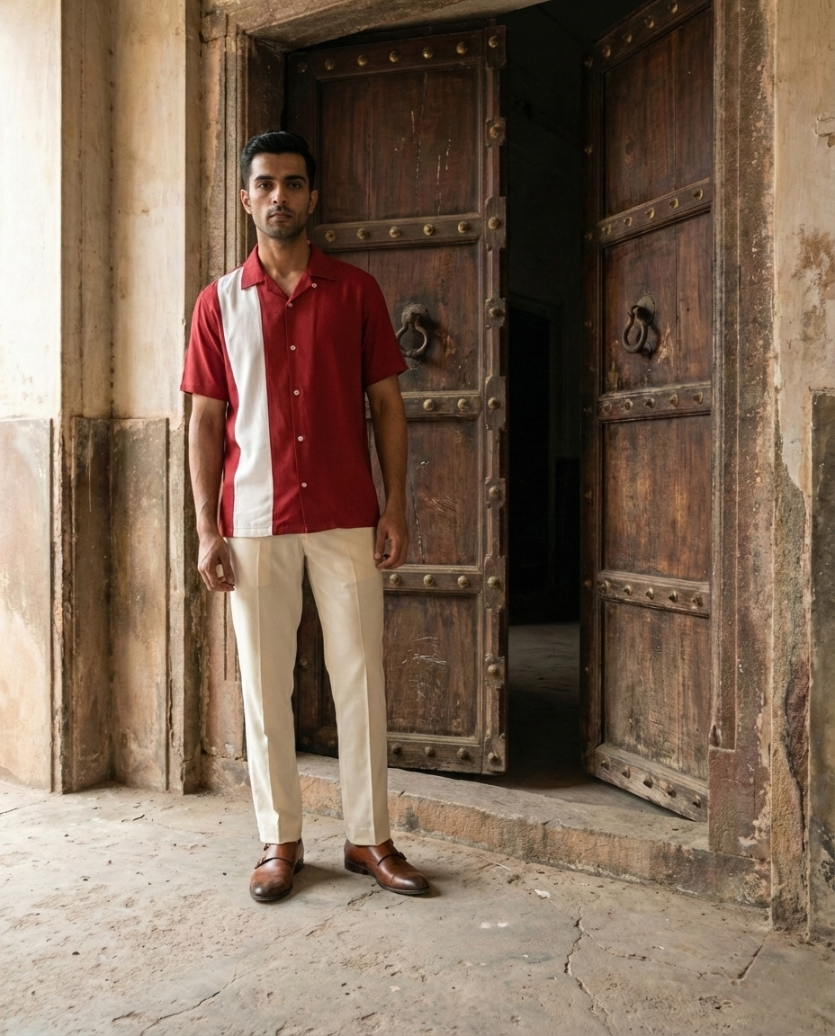 Cherry Red Off White Contrast Farshi and Shirt Matching Couple Set