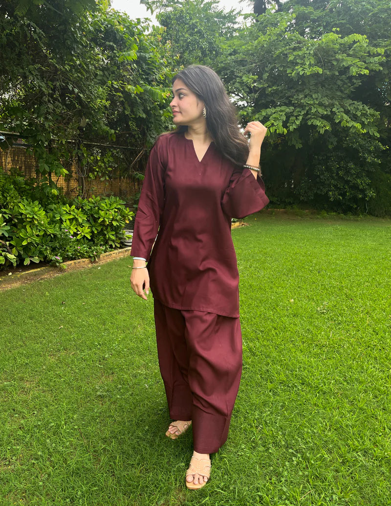 Burgundy Farshi and Shirt Matching Couple Set