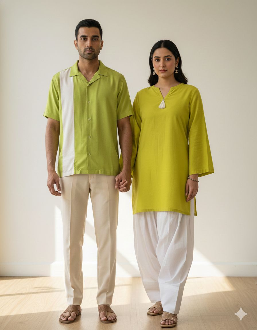 Lime Green Off White Contrast Farshi and Shirt Matching Couple Set