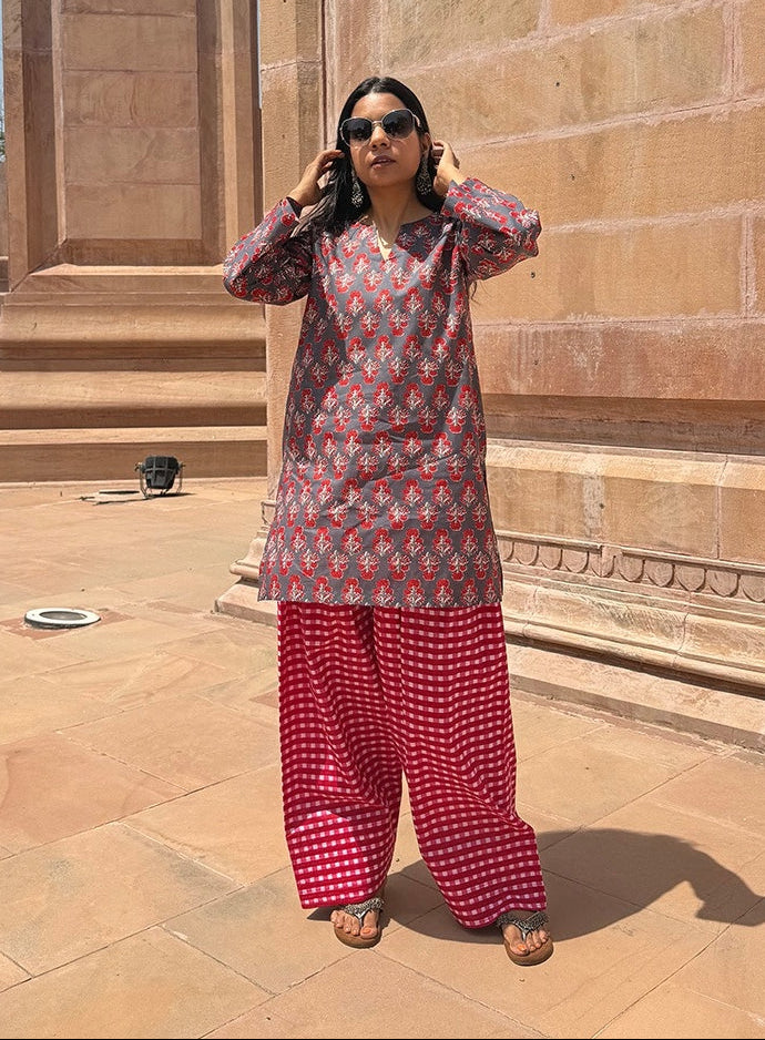 Grey and Red Gingham Farshi Set