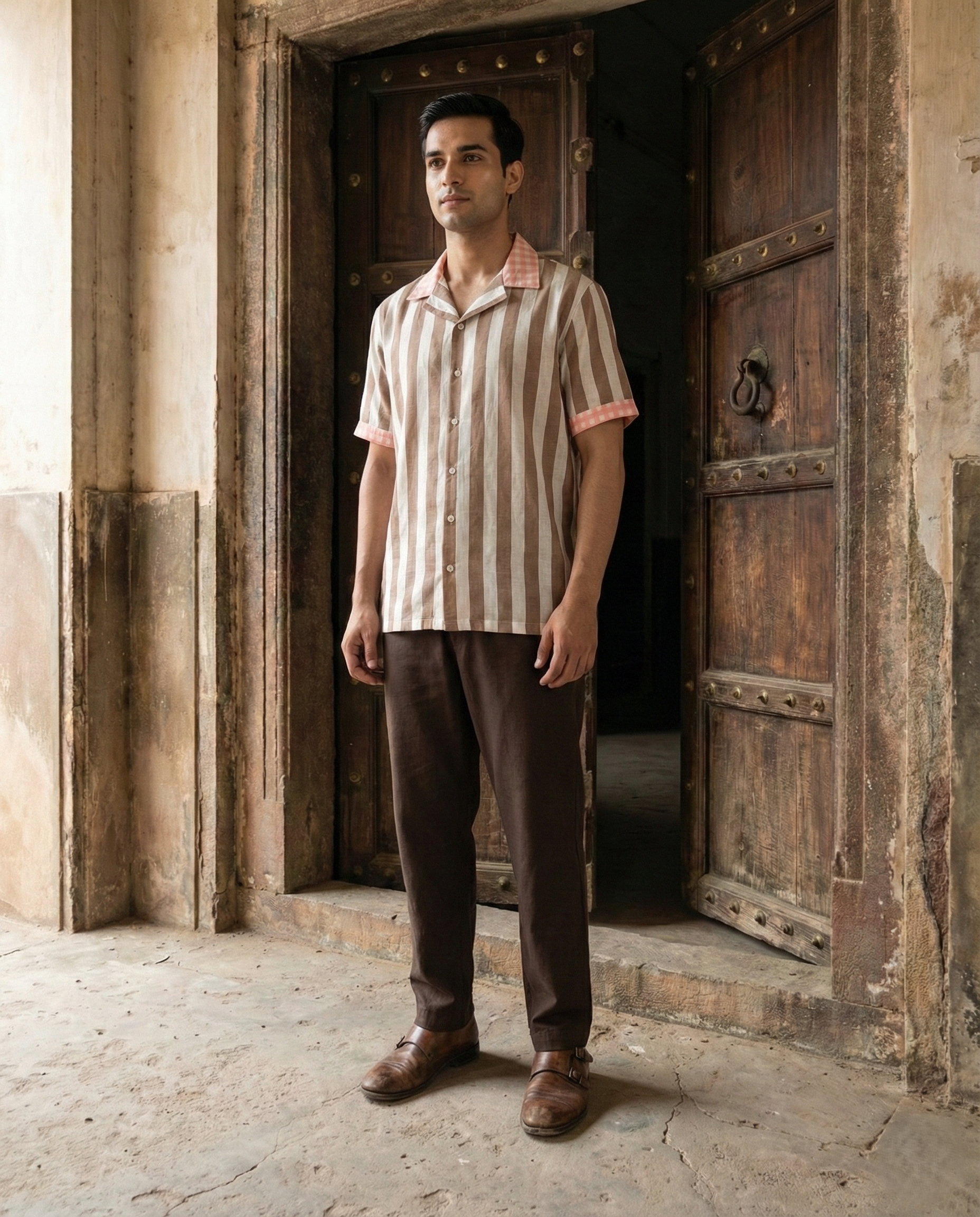 Beige Striped Contrast collar Menʼs Shirt