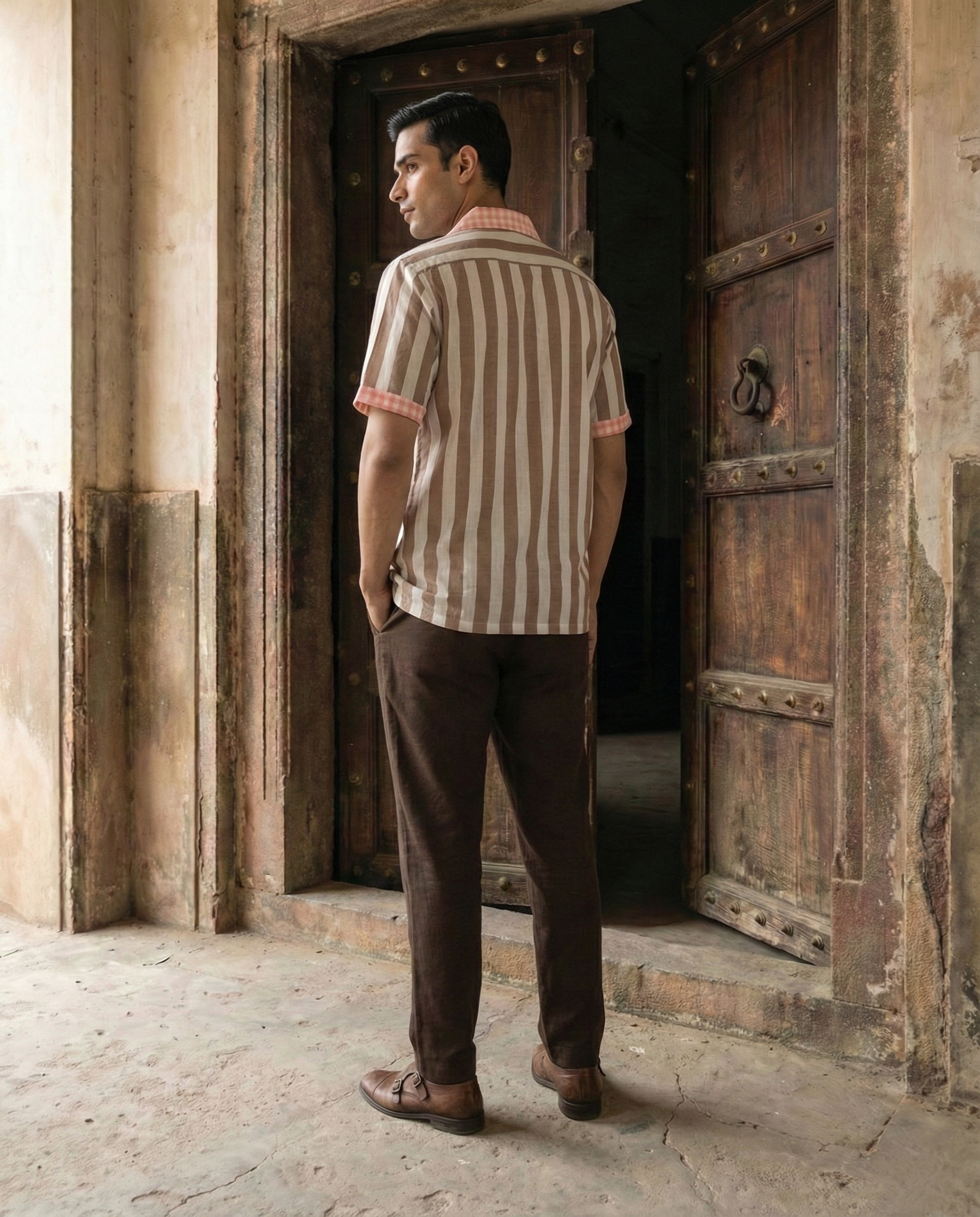 Beige Striped Contrast collar Menʼs Shirt