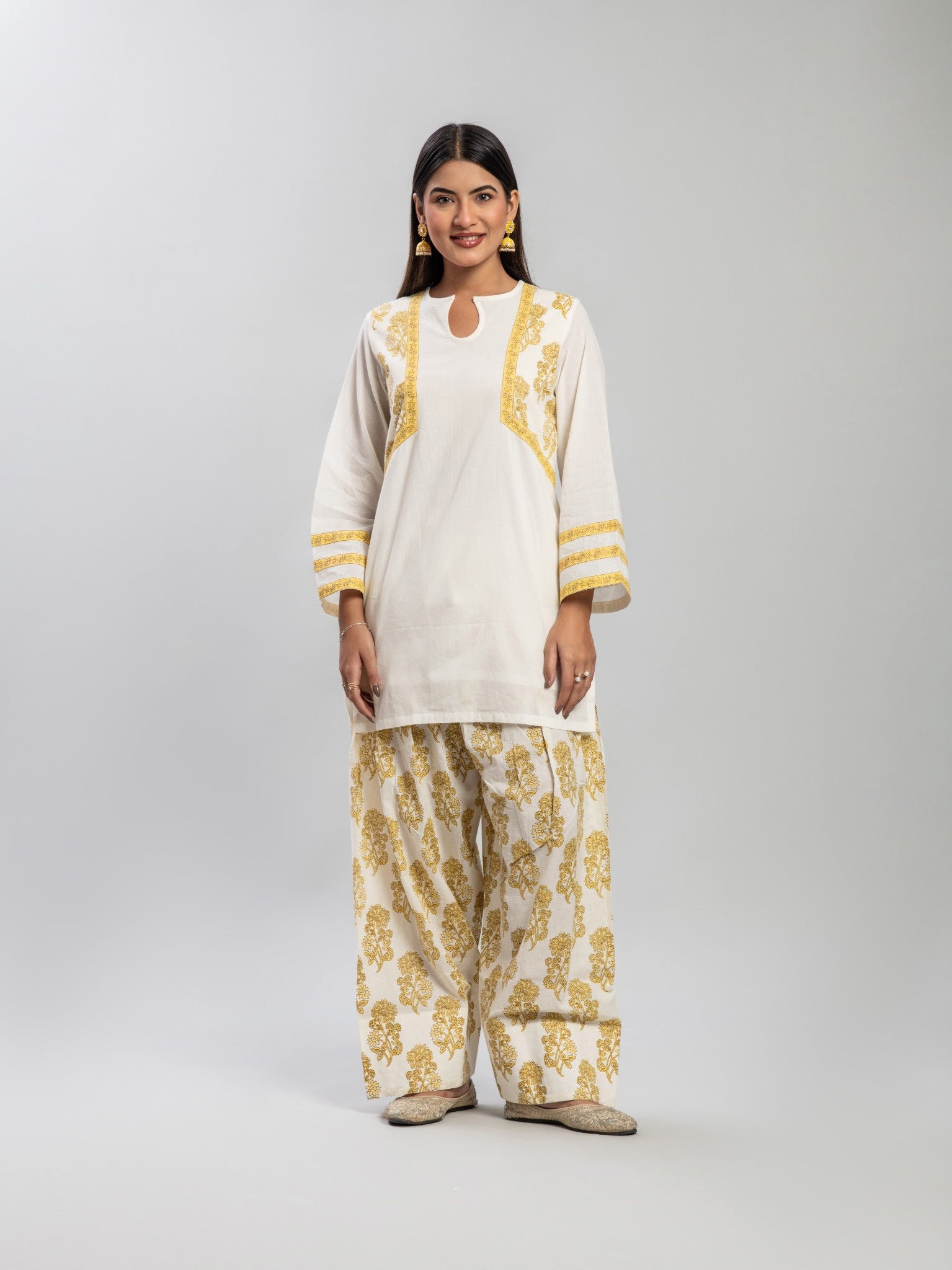 Yellow handblocked Farshi salwar set
