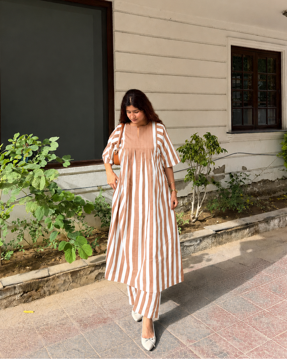 Brown White stripe co-ord set