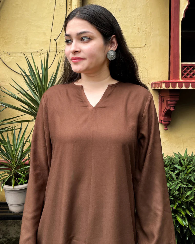 Coffee Brown Solid Rayon Kurti