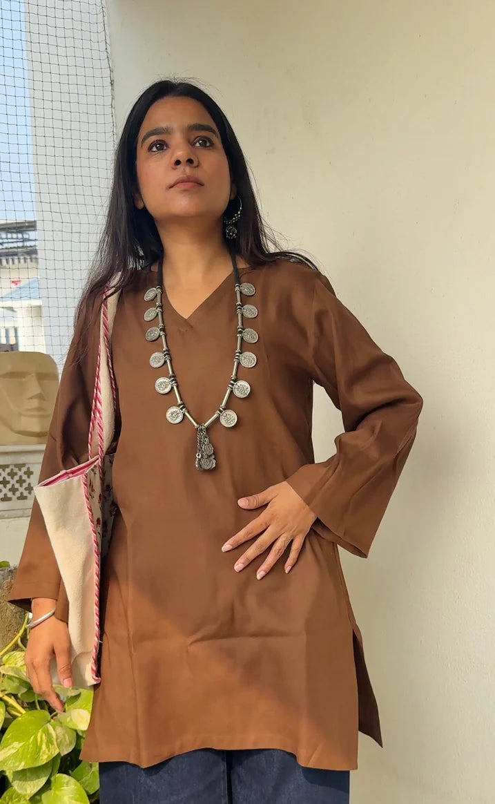 Coffee Brown Solid Rayon Kurti