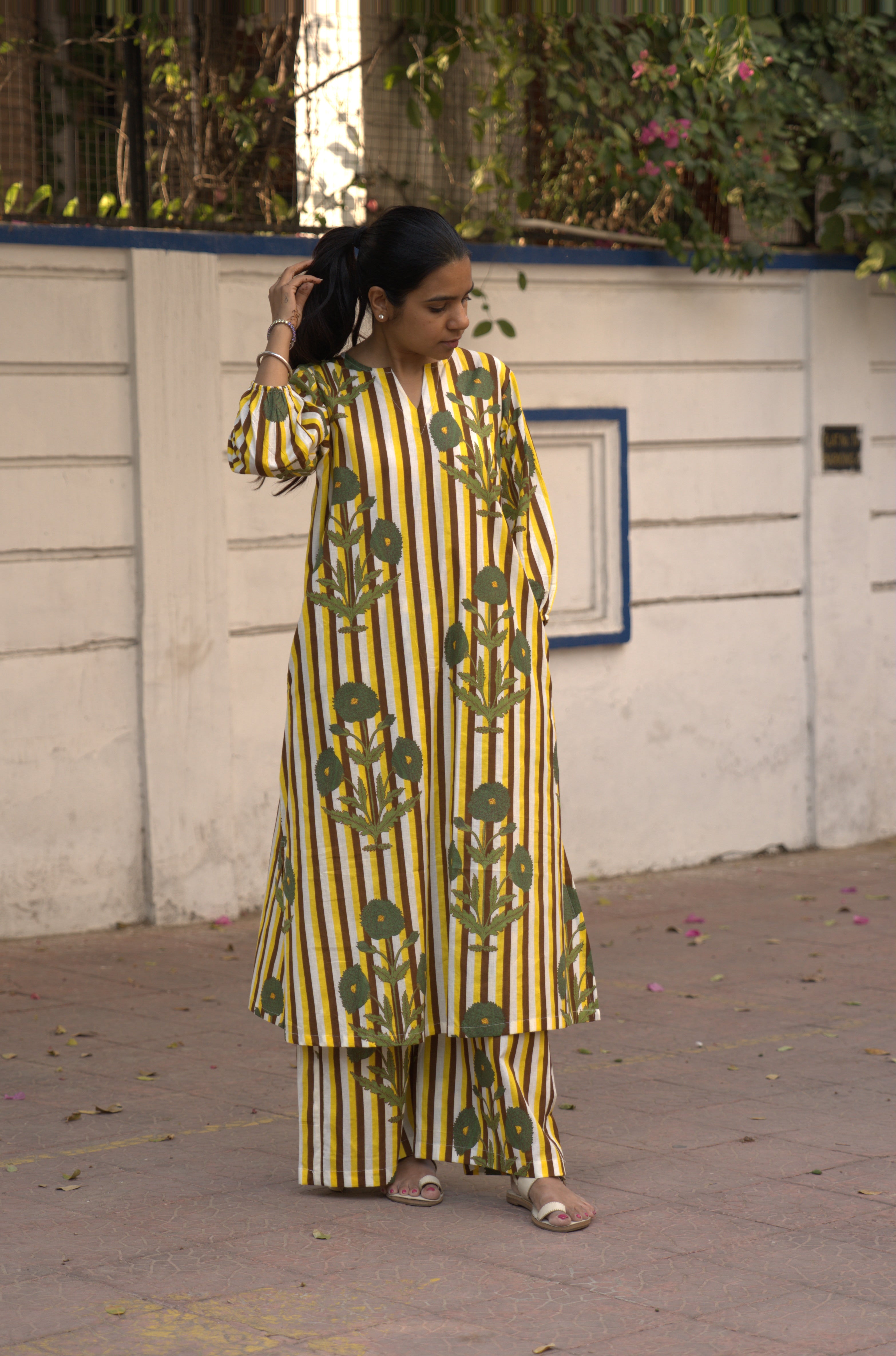 Yellow Brown Stripe Kurta Set