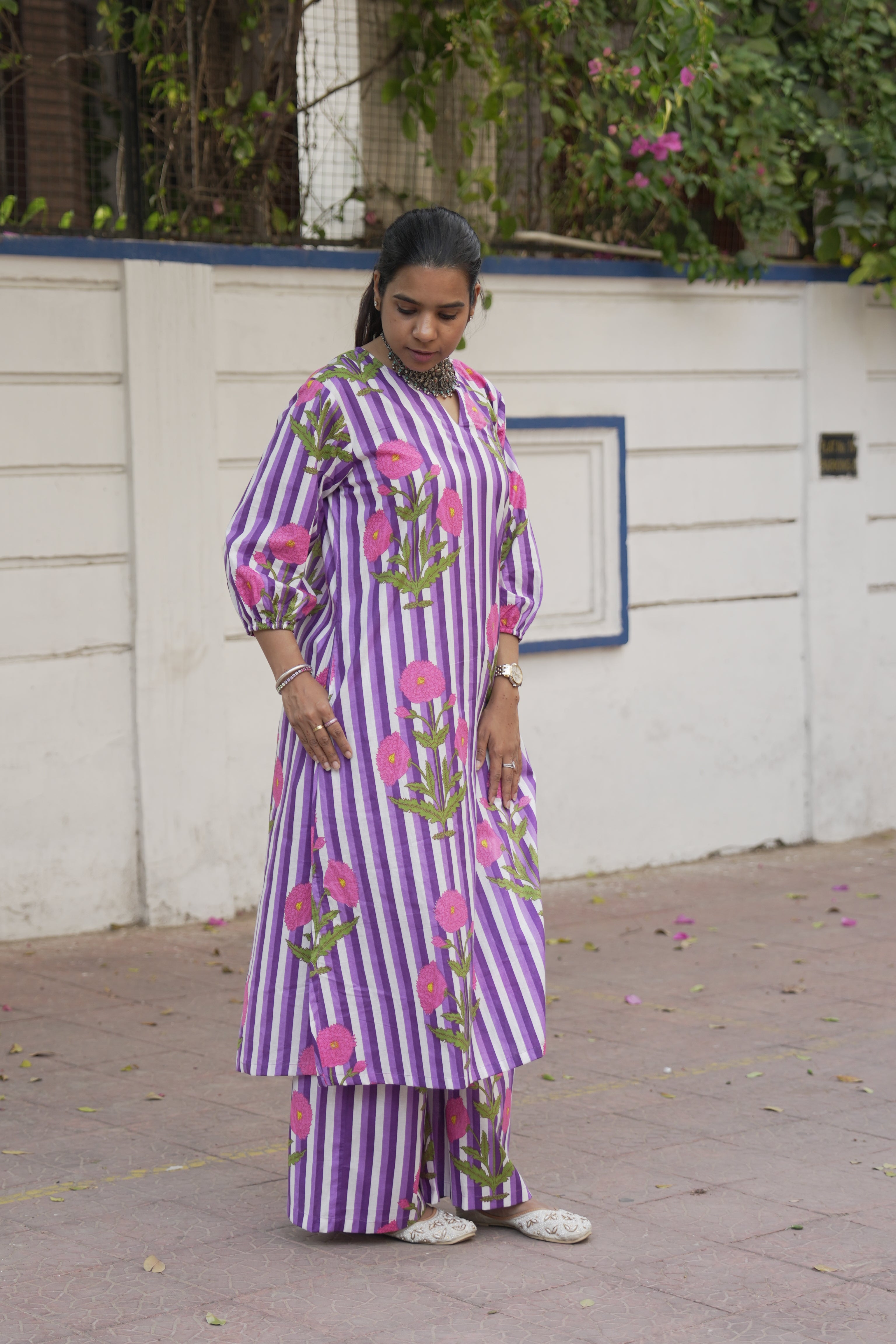 Purple & White Stripe Kurta Set