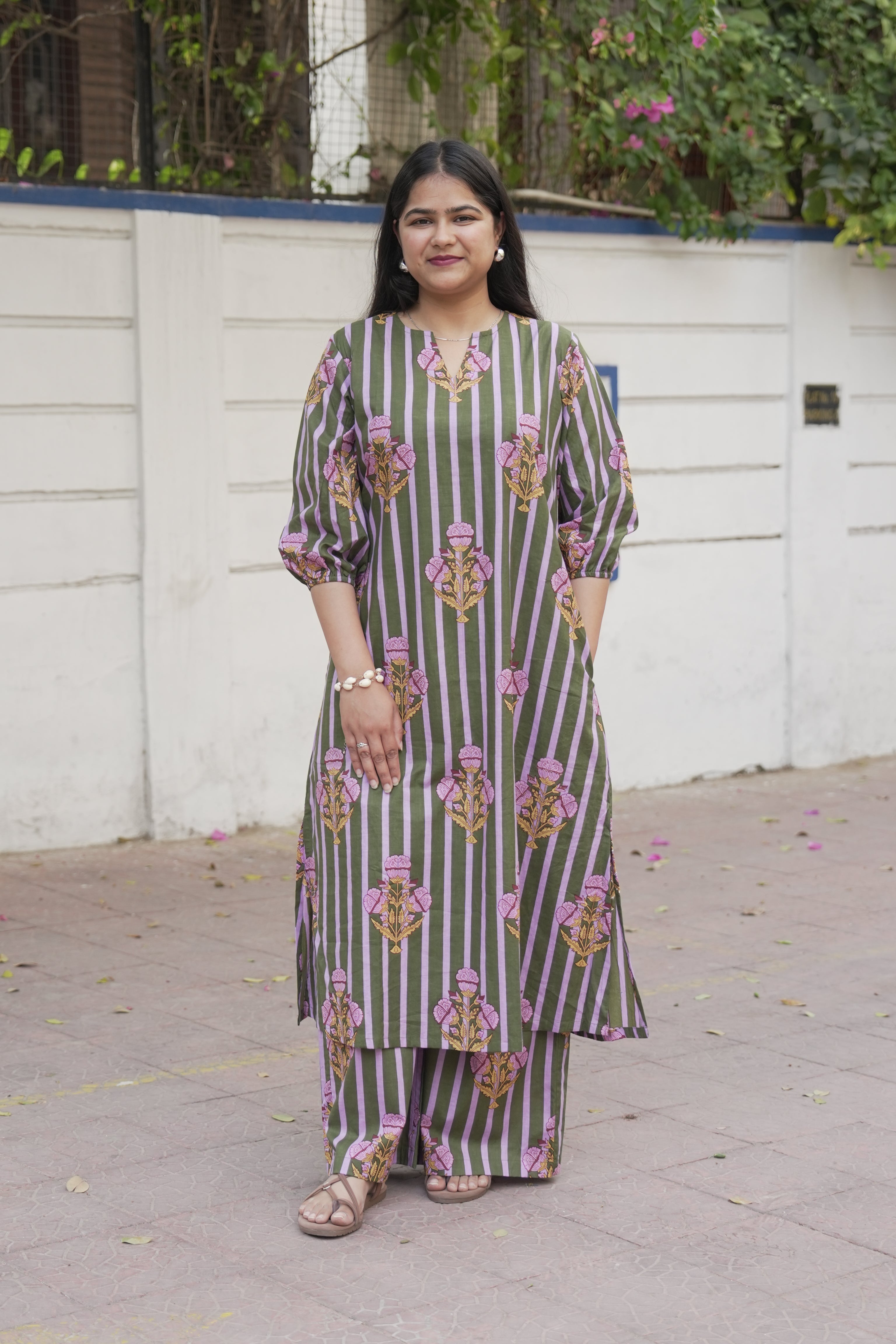 Olive Lavender Stripe Kurta Set