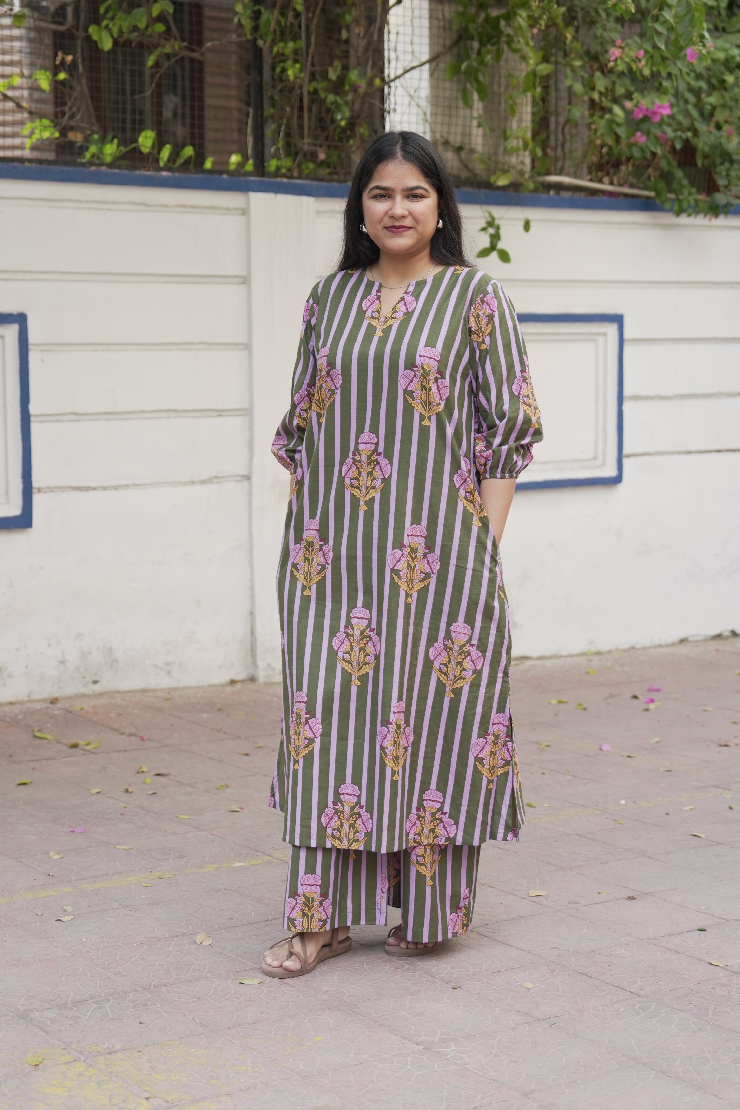 Olive Lavender Stripe Kurta Set
