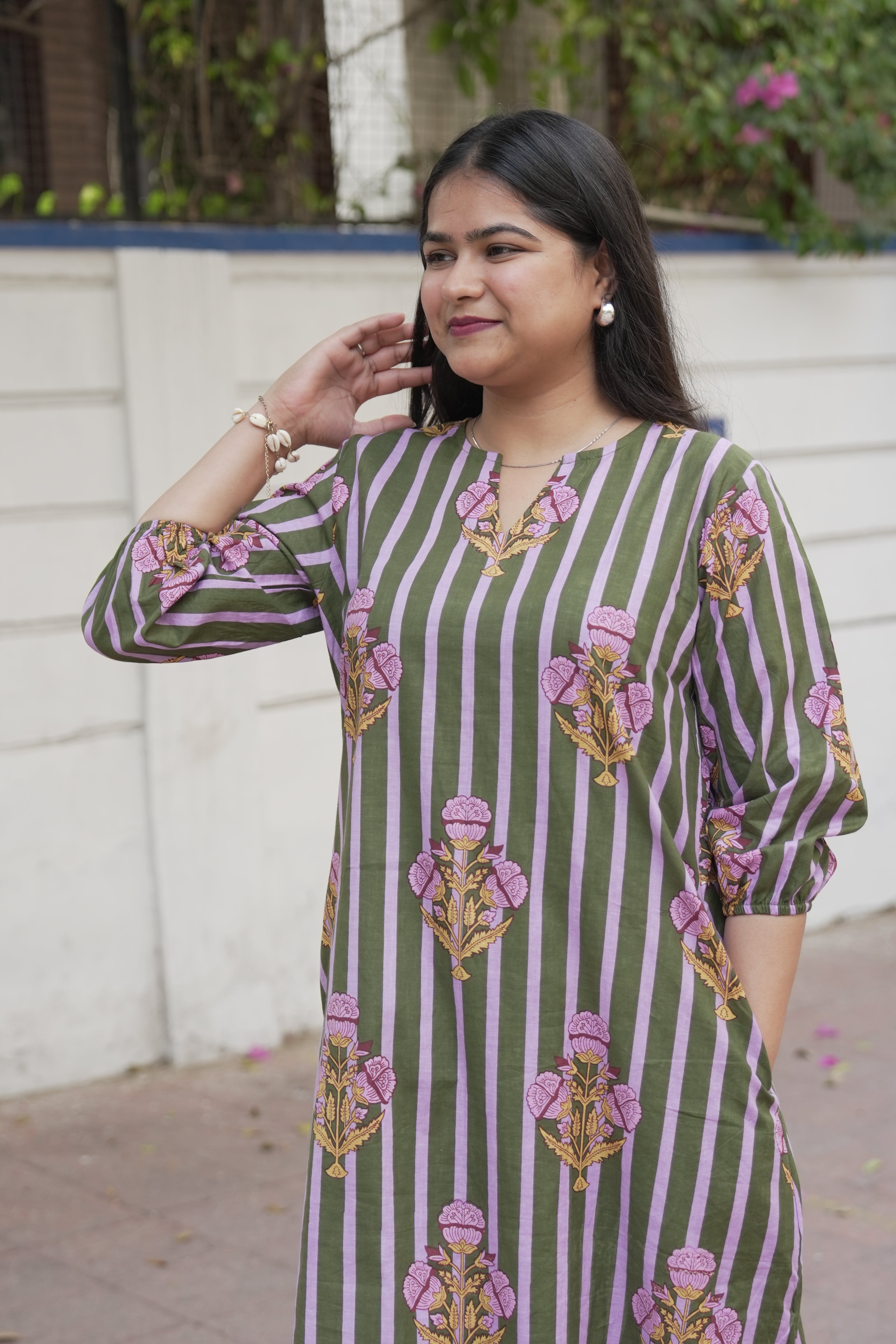 Olive Lavender Stripe Kurta Set