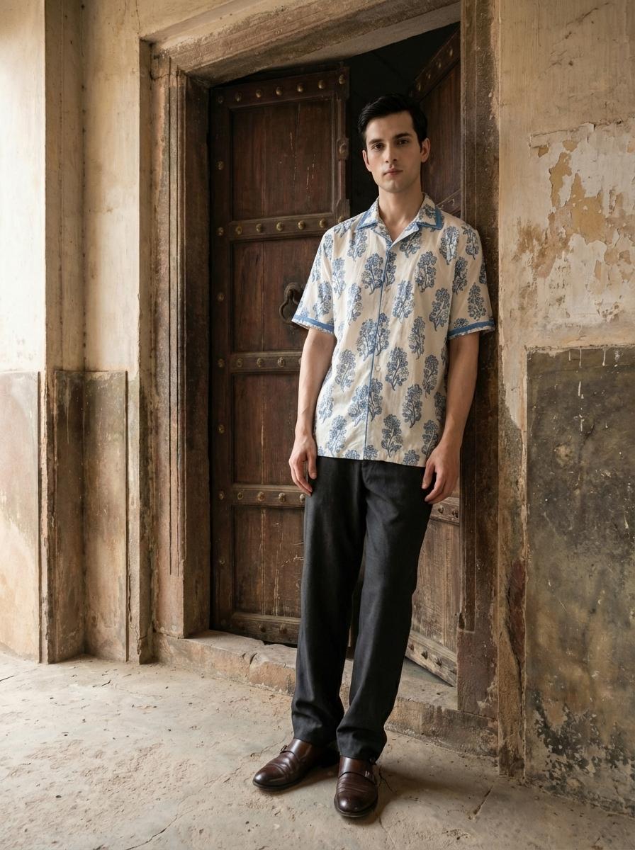 White and Blue Handblock Menʼs Shirt