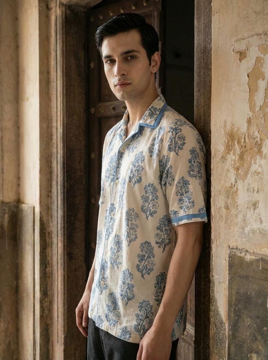 White and Blue Handblock Menʼs Shirt