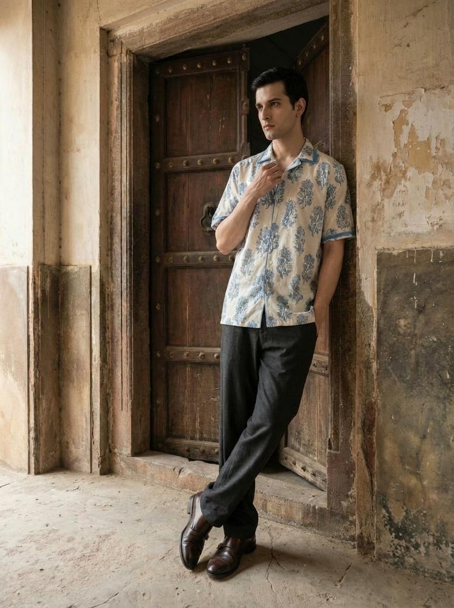 White and Blue Handblock Menʼs Shirt