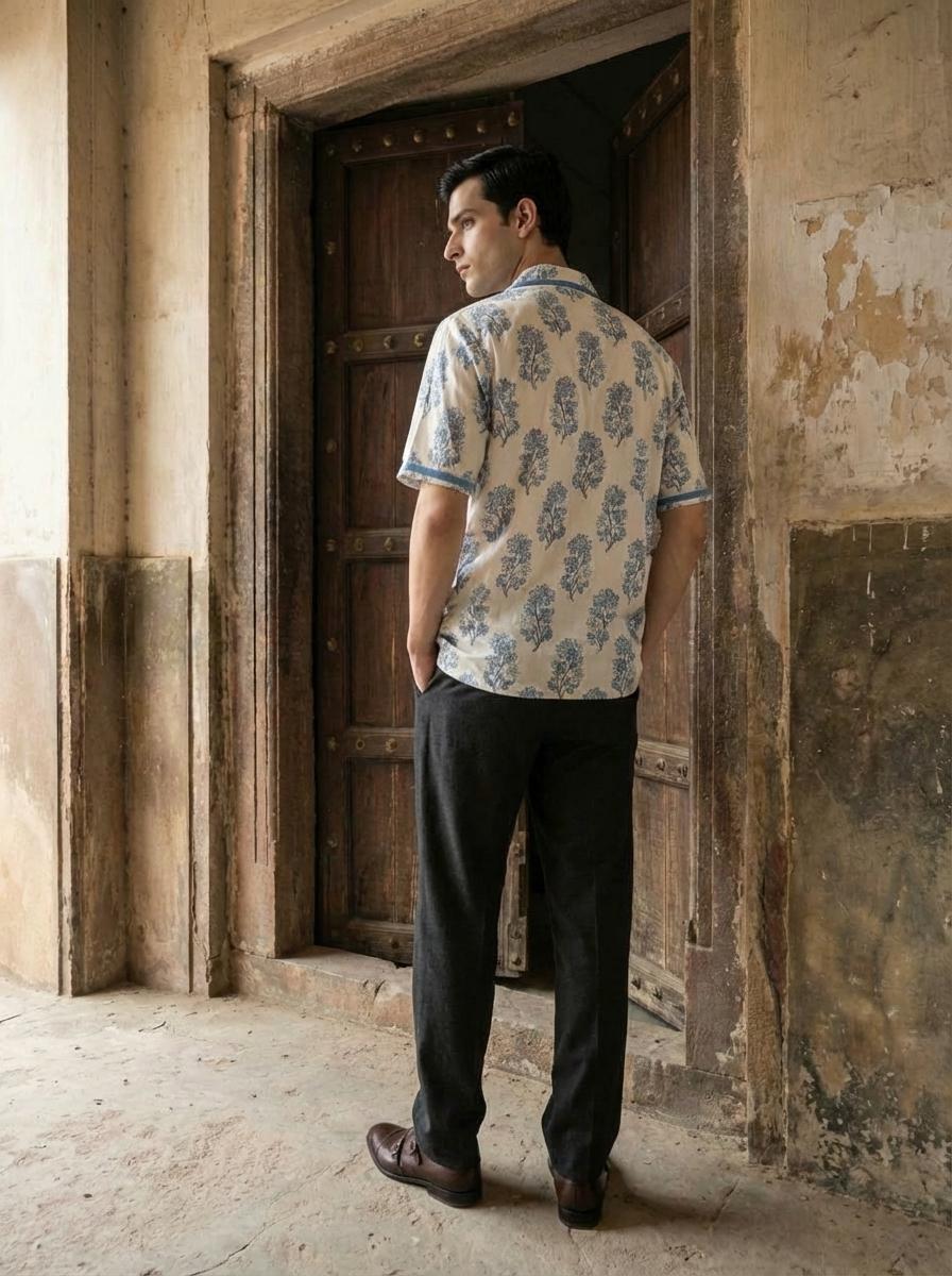 White and Blue Handblock Menʼs Shirt