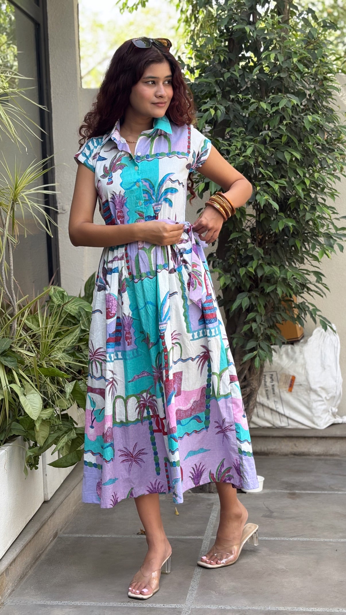 Purple Tropical Print Belt Dress