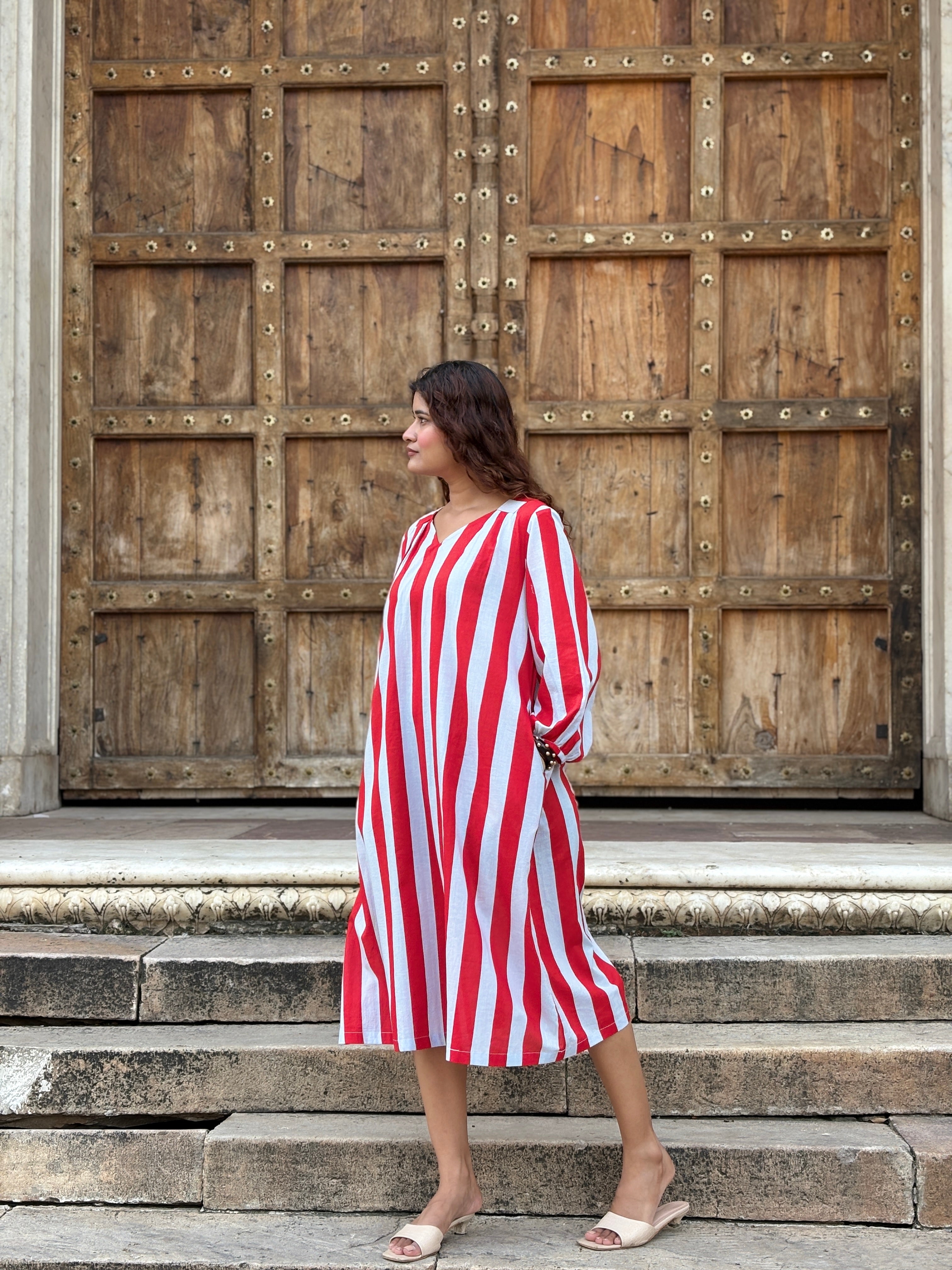 Red Grey Striped Midi Dress