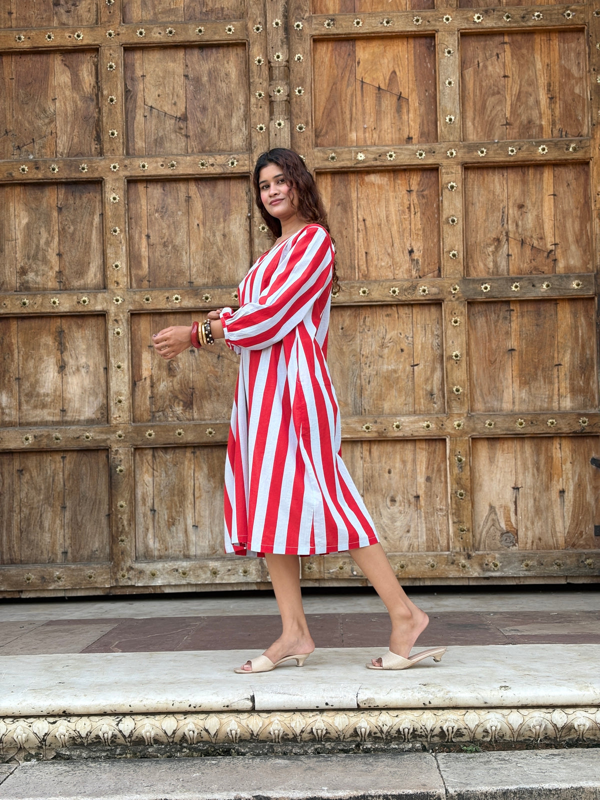 Red Grey Striped Midi Dress