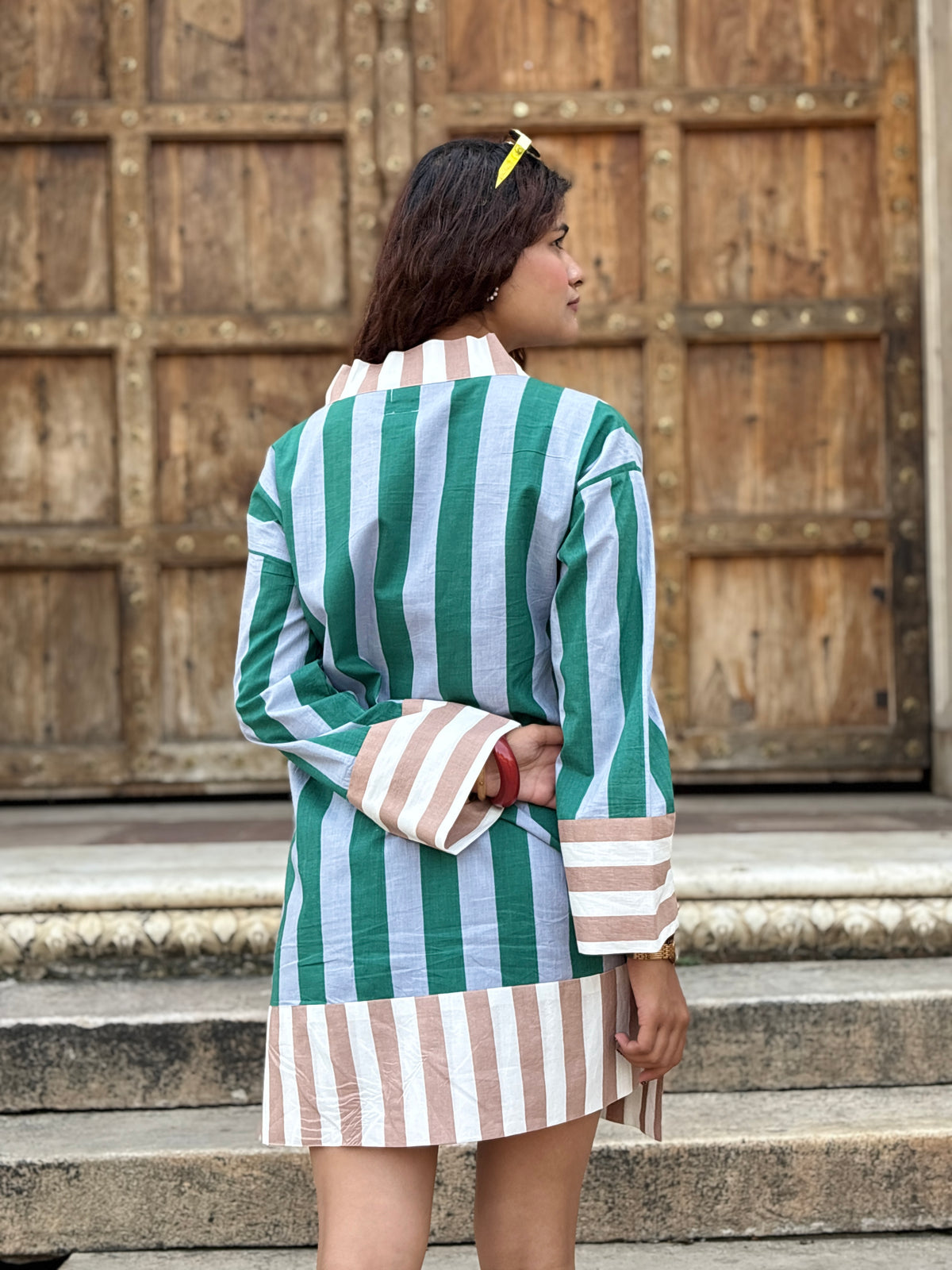 Green Grey Striped V-Neck Short Dress