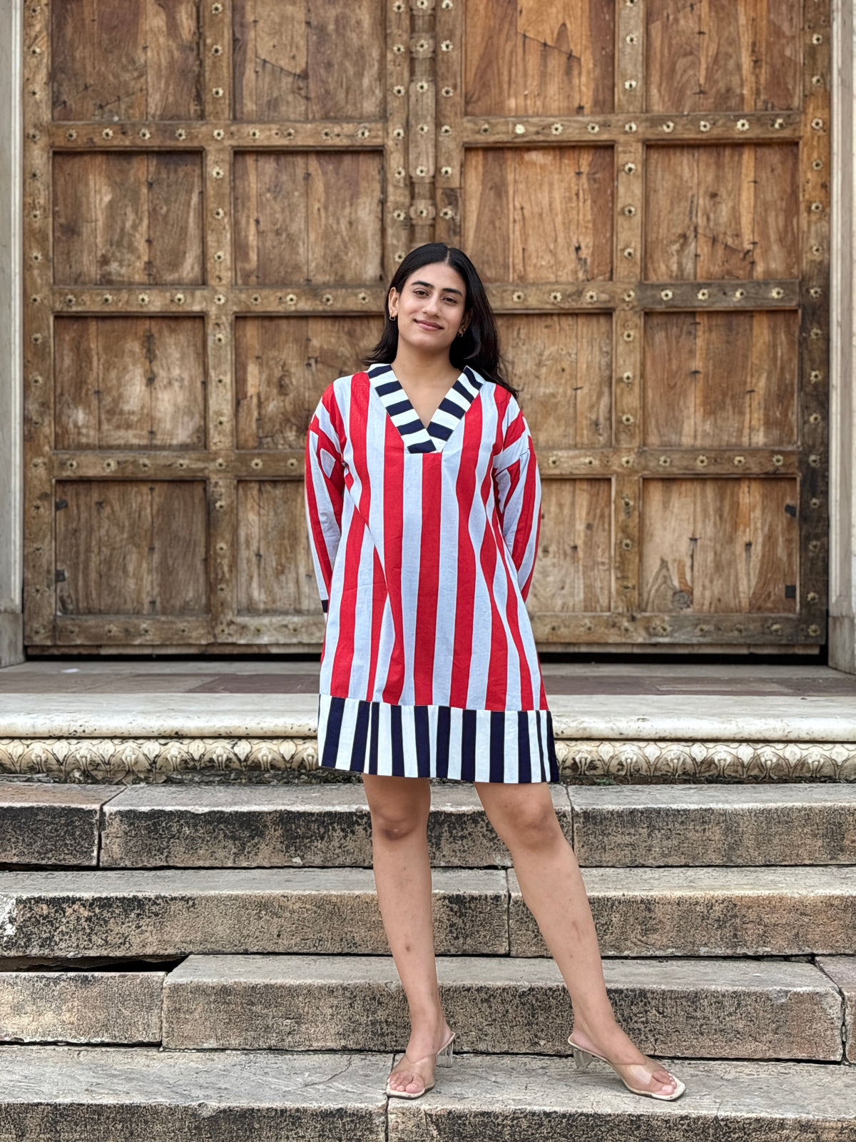 Red Grey Striped V-Neck Short Dress