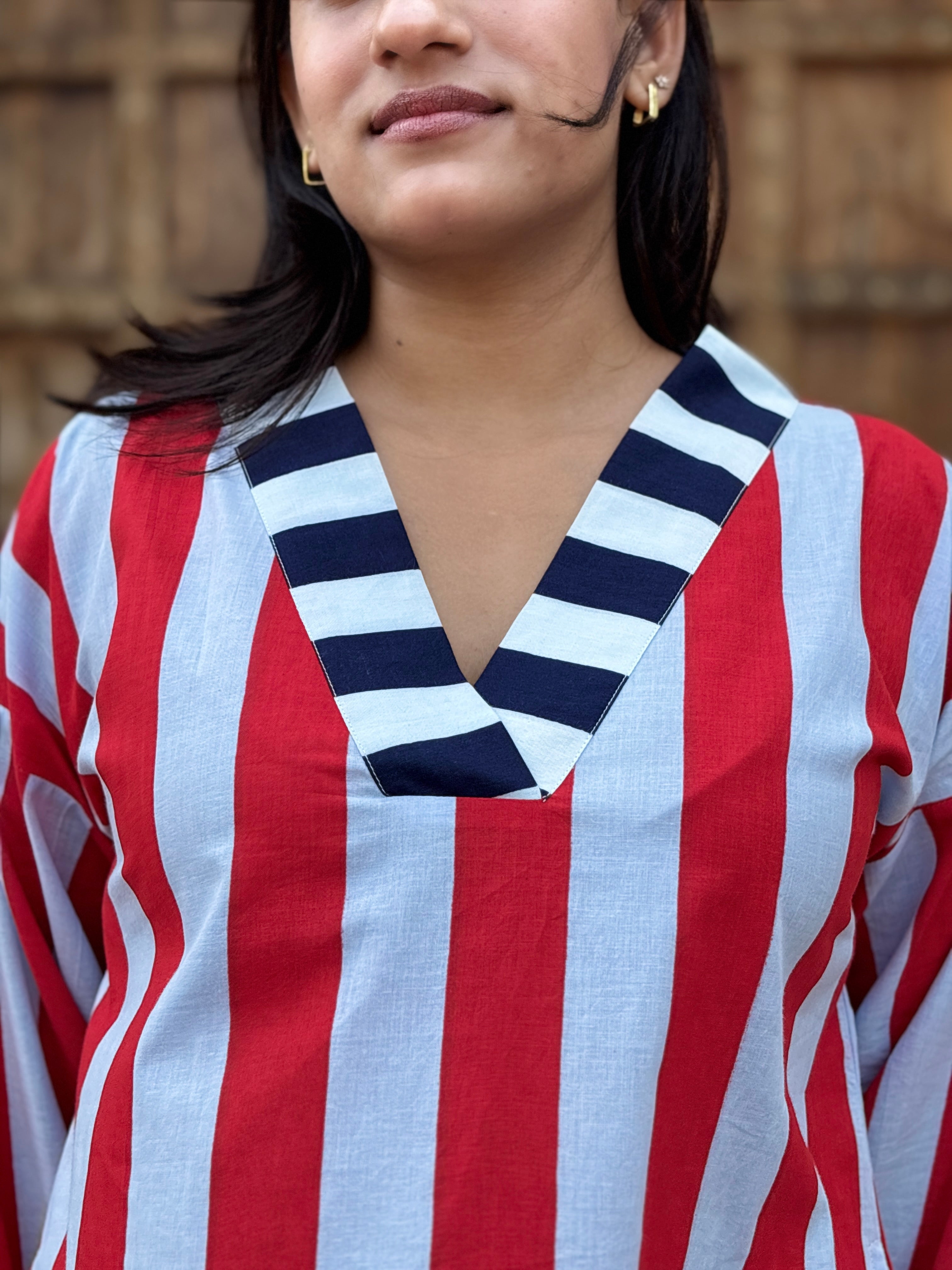 Red Grey Striped V-Neck Short Dress