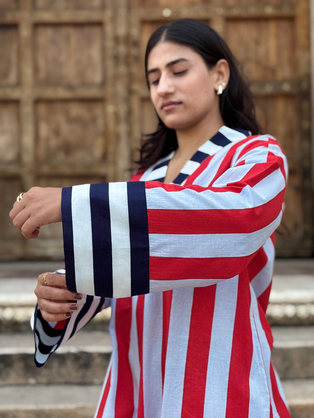 Red Grey Striped V-Neck Short Dress