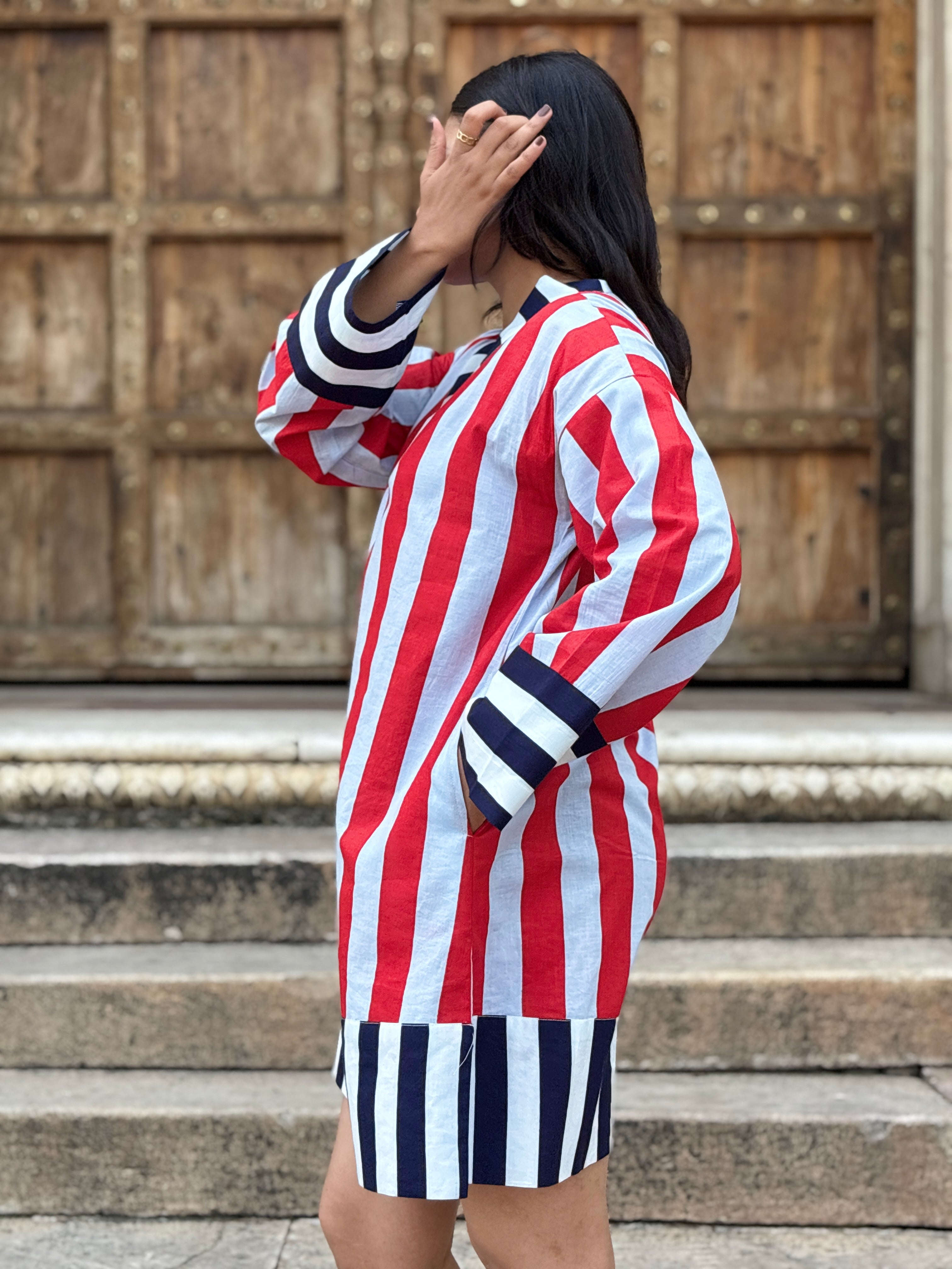 Red Grey Striped V-Neck Short Dress