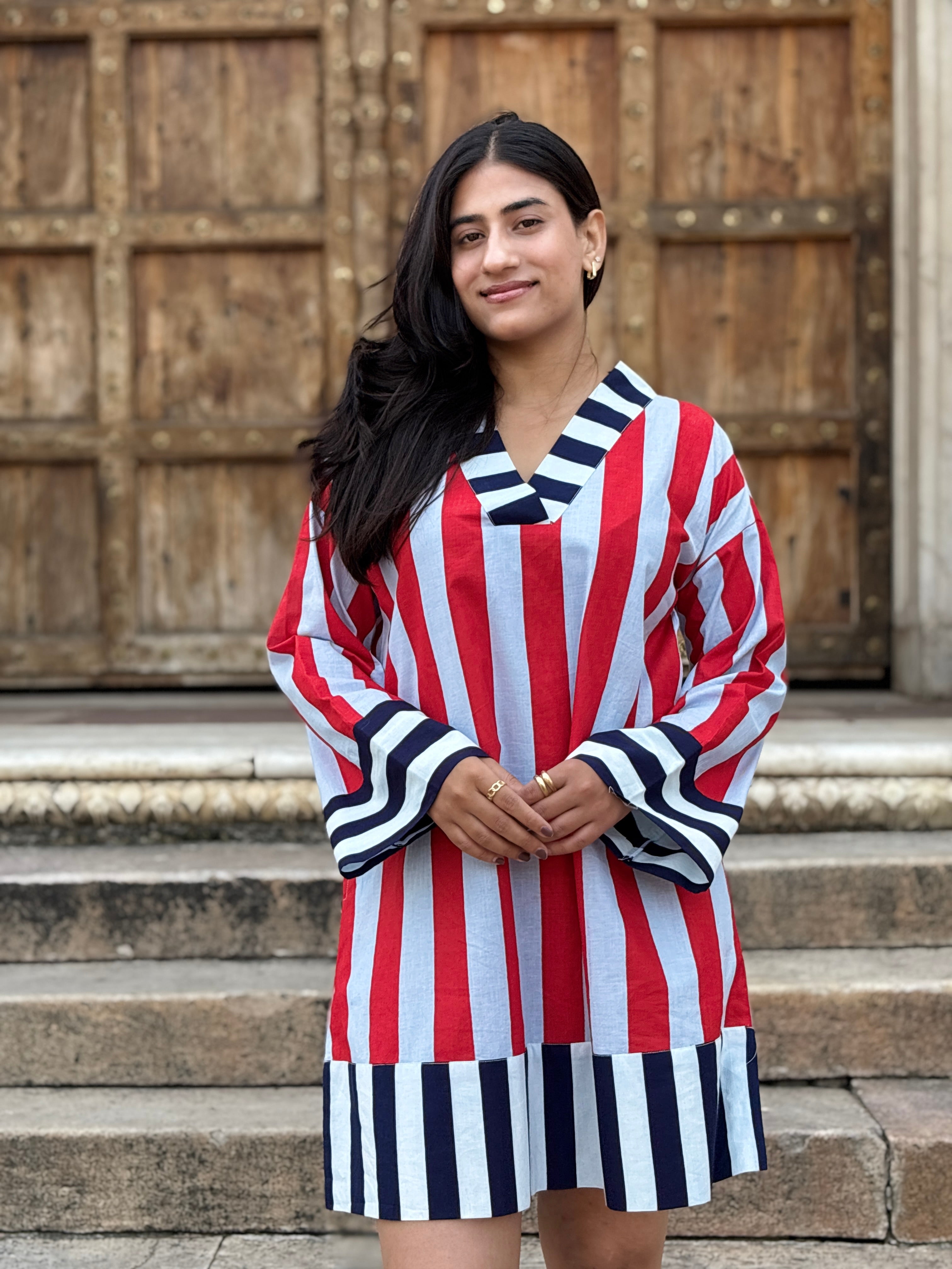 Red Grey Striped V-Neck Short Dress