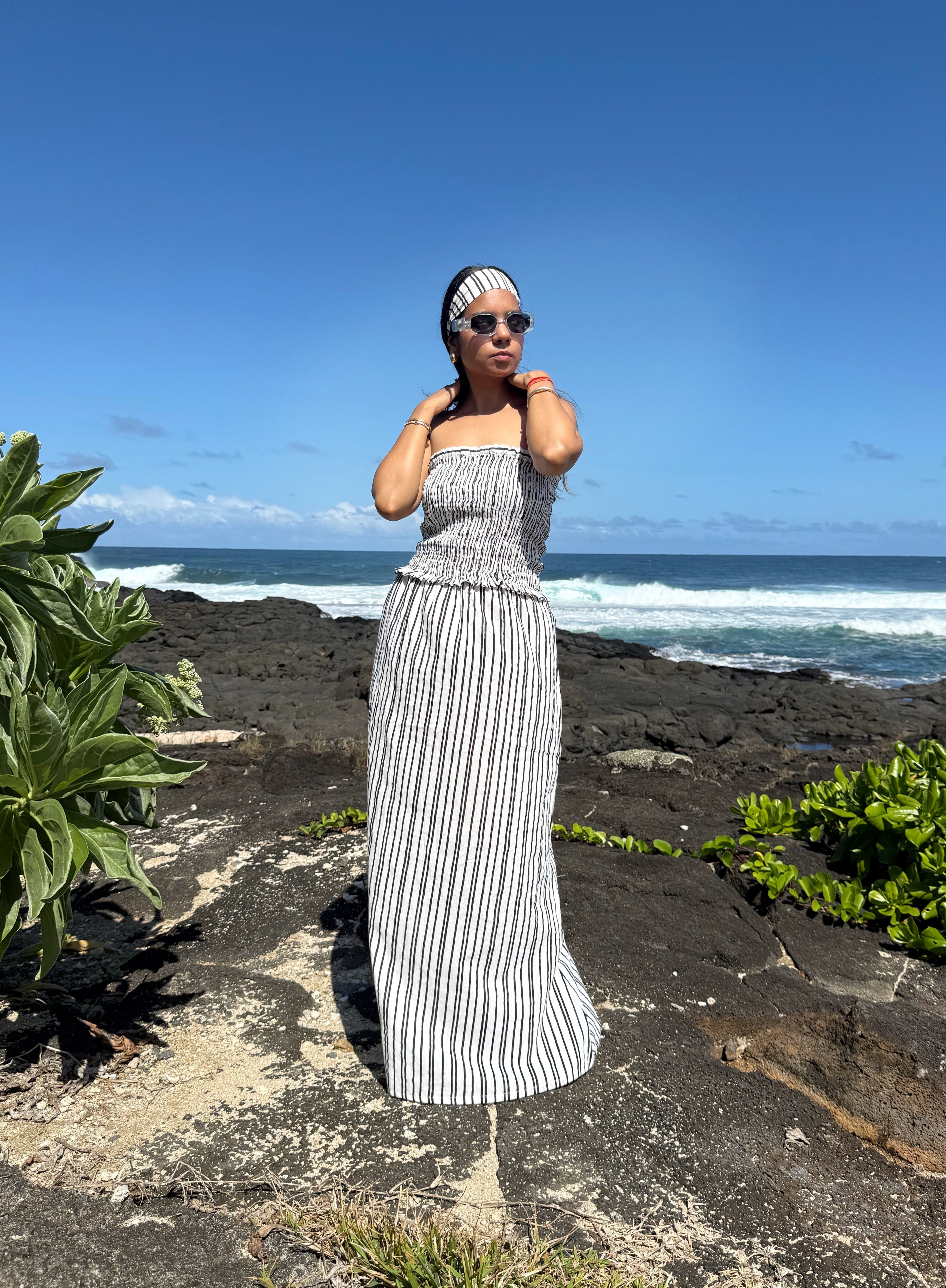 Off Shoulder Black & White Striped Maxi Dress