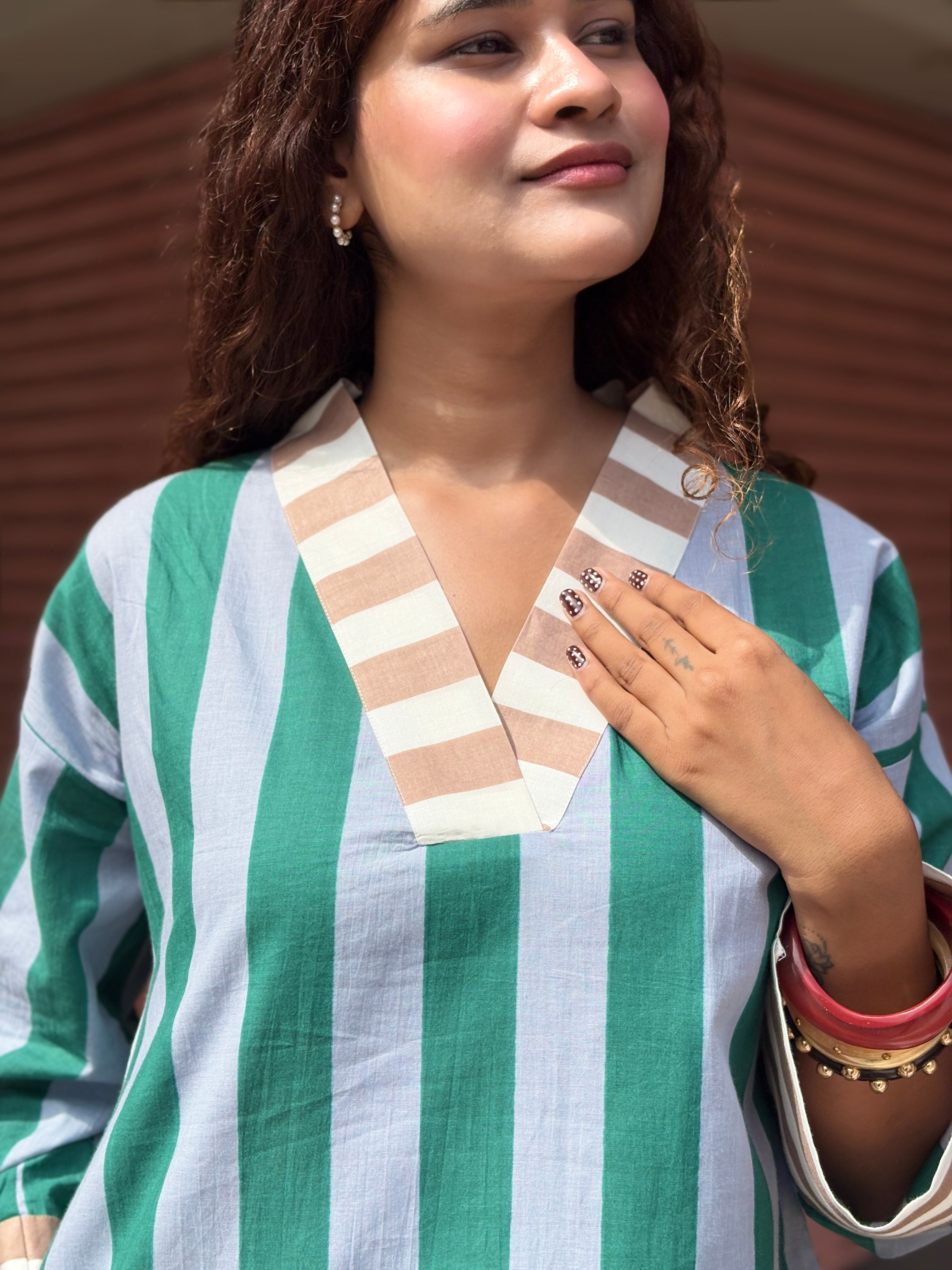 Green Grey Striped V-Neck Short Dress