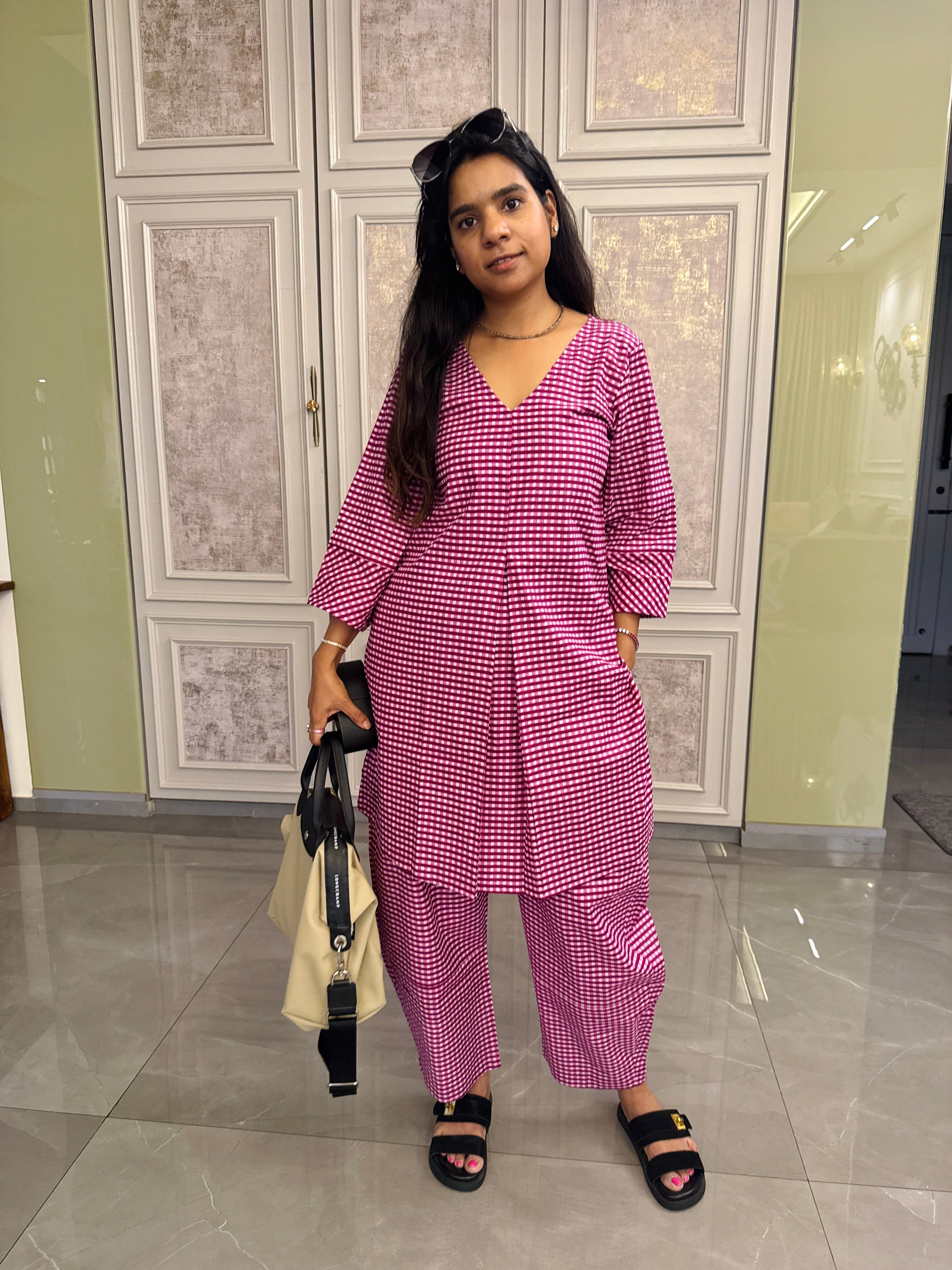 Purple Gingham Barrel Pant Co ord set