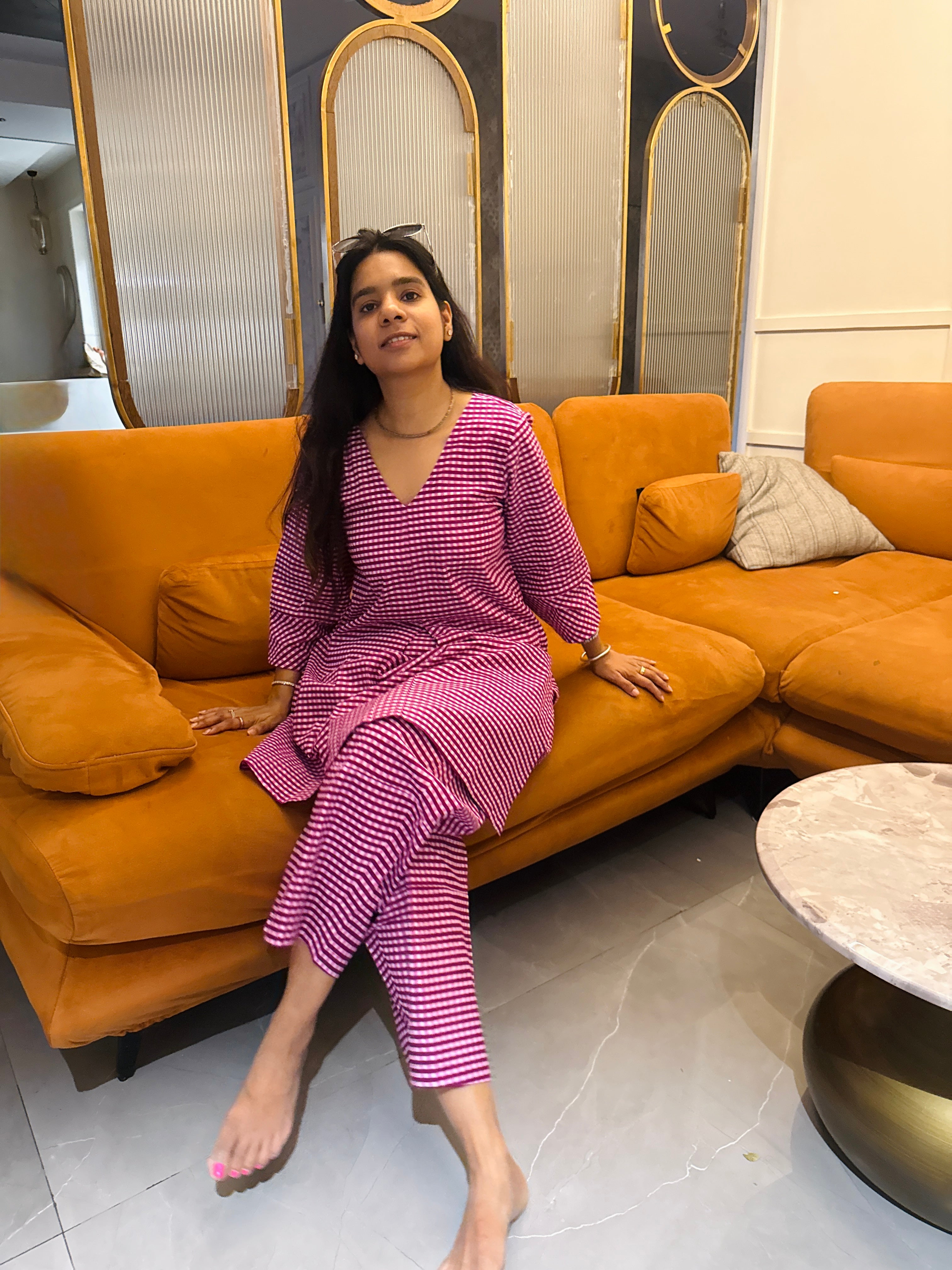 Purple Gingham Barrel Pant Co ord set