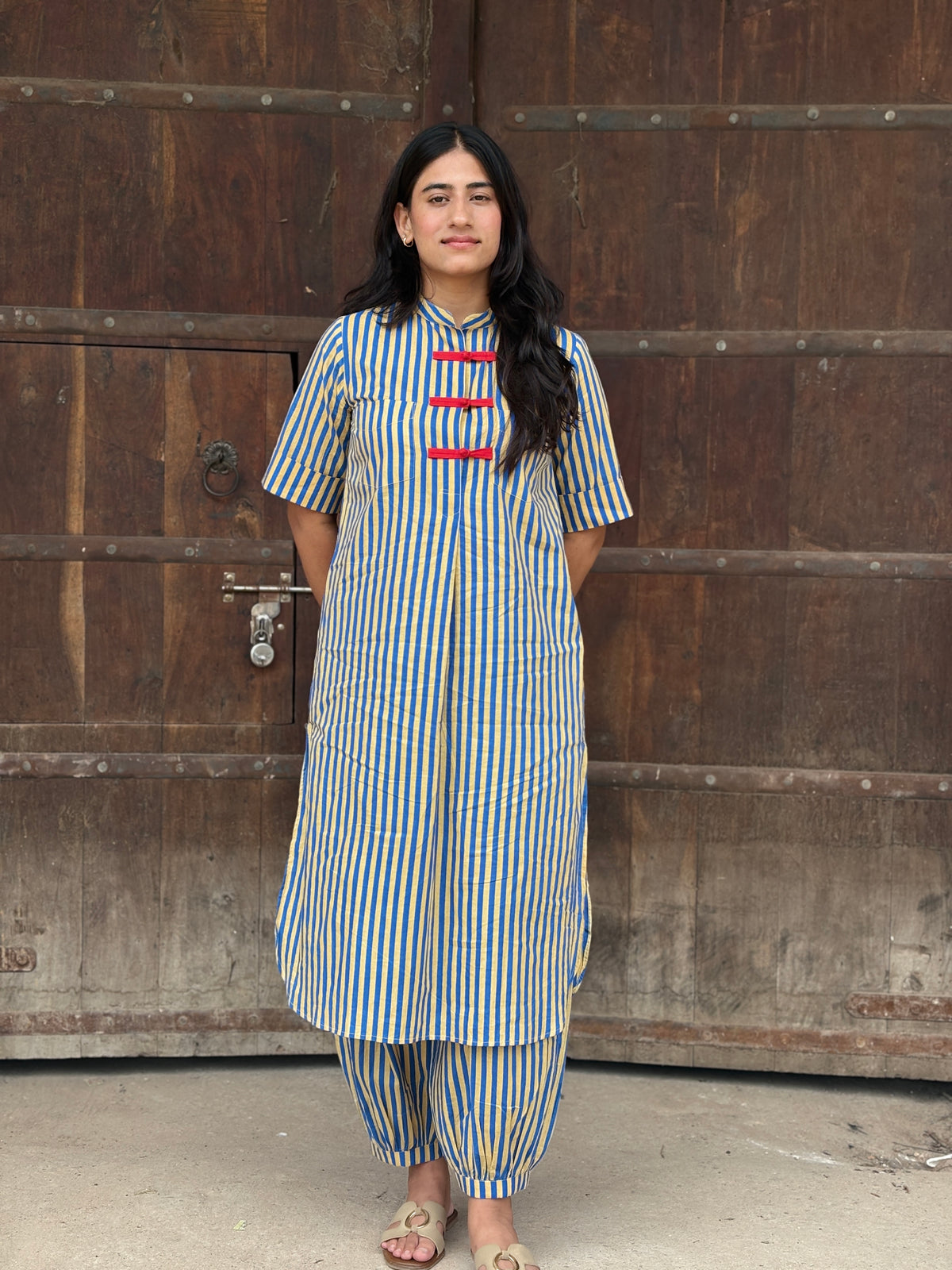 Blue Mustard Striped Mandarin Collar Co-Ord Set