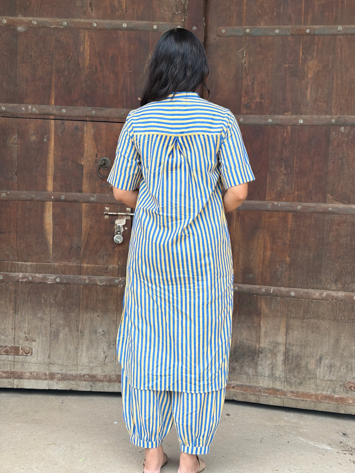 Blue Mustard Striped Mandarin Collar Co-Ord Set