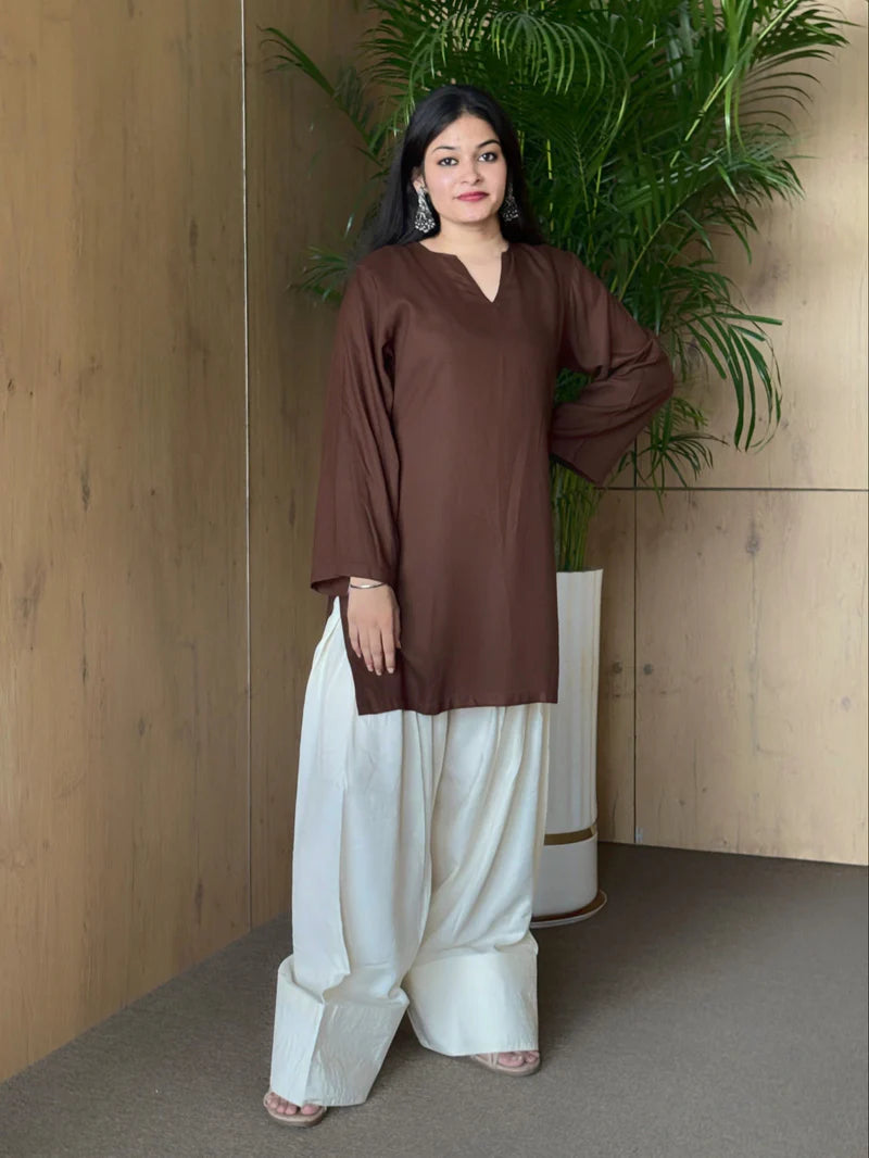 Solid Brown Off White Contrast Farshi and Shirt Matching Couple Set