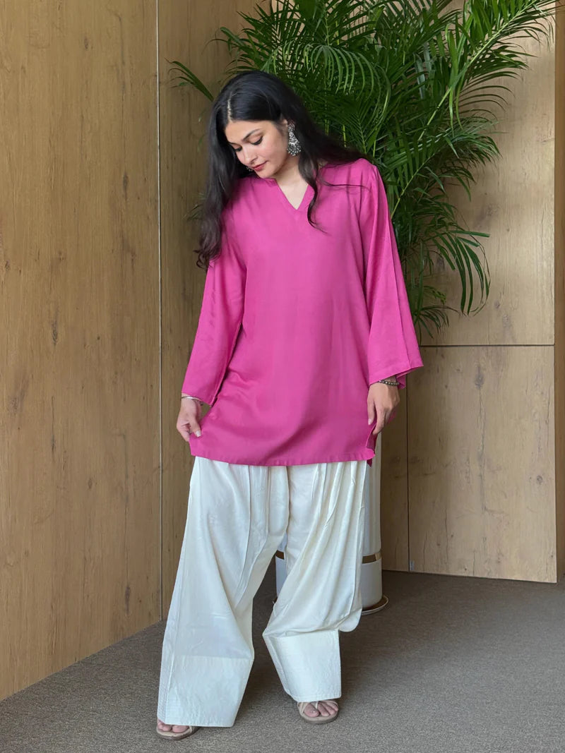 Pink Off White Contrast Farshi and Shirt Matching Couple Set