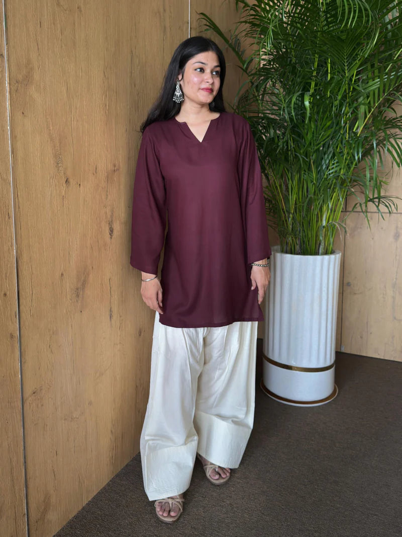 Burgundy Off White Contrast Farshi and Shirt Matching Couple Set