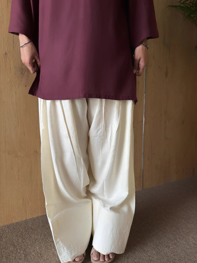 Burgundy Off White Contrast Farshi and Shirt Matching Couple Set