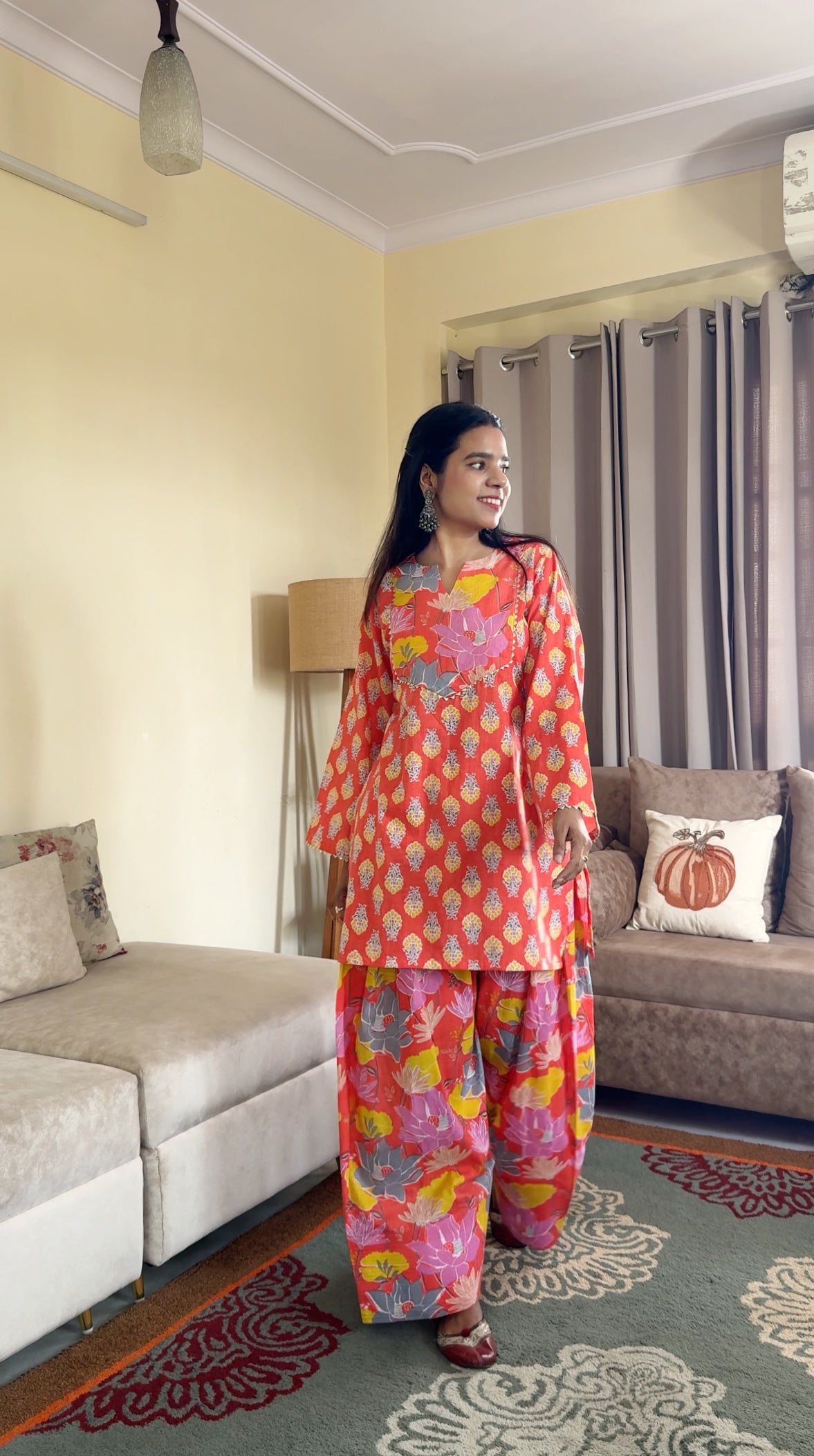 Coral Orange Printed Cotton Farshi Salwar Set