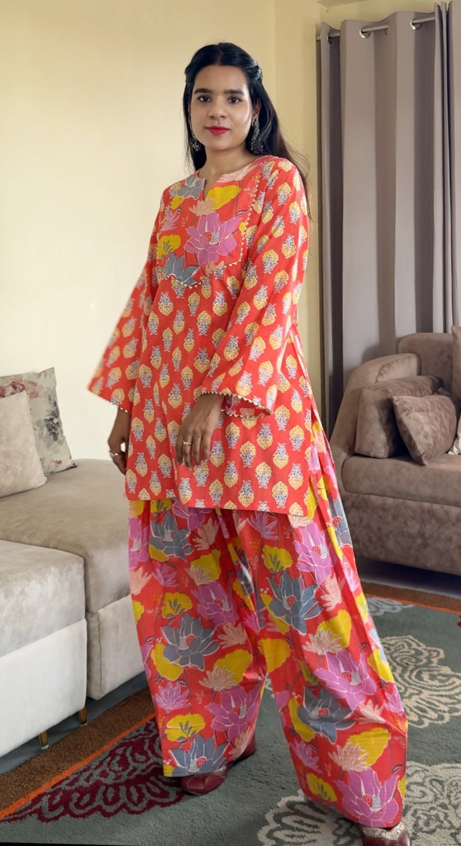 Coral Orange Printed Cotton Farshi Salwar Set