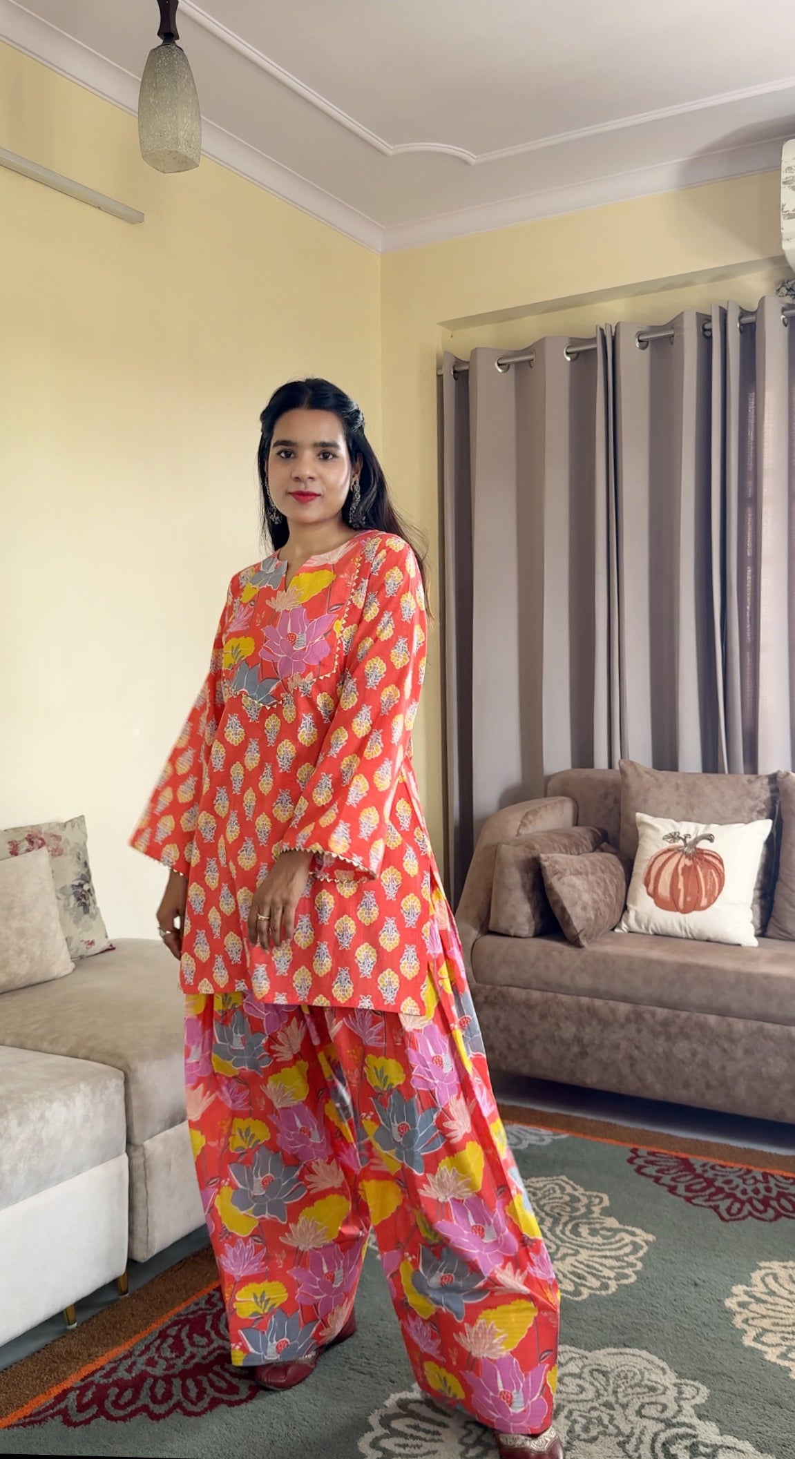 Coral Orange Printed Cotton Farshi Salwar Set