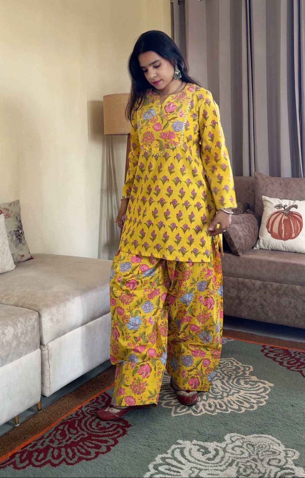 Yellow Everyday Printed Cotton Farshi Salwar Set